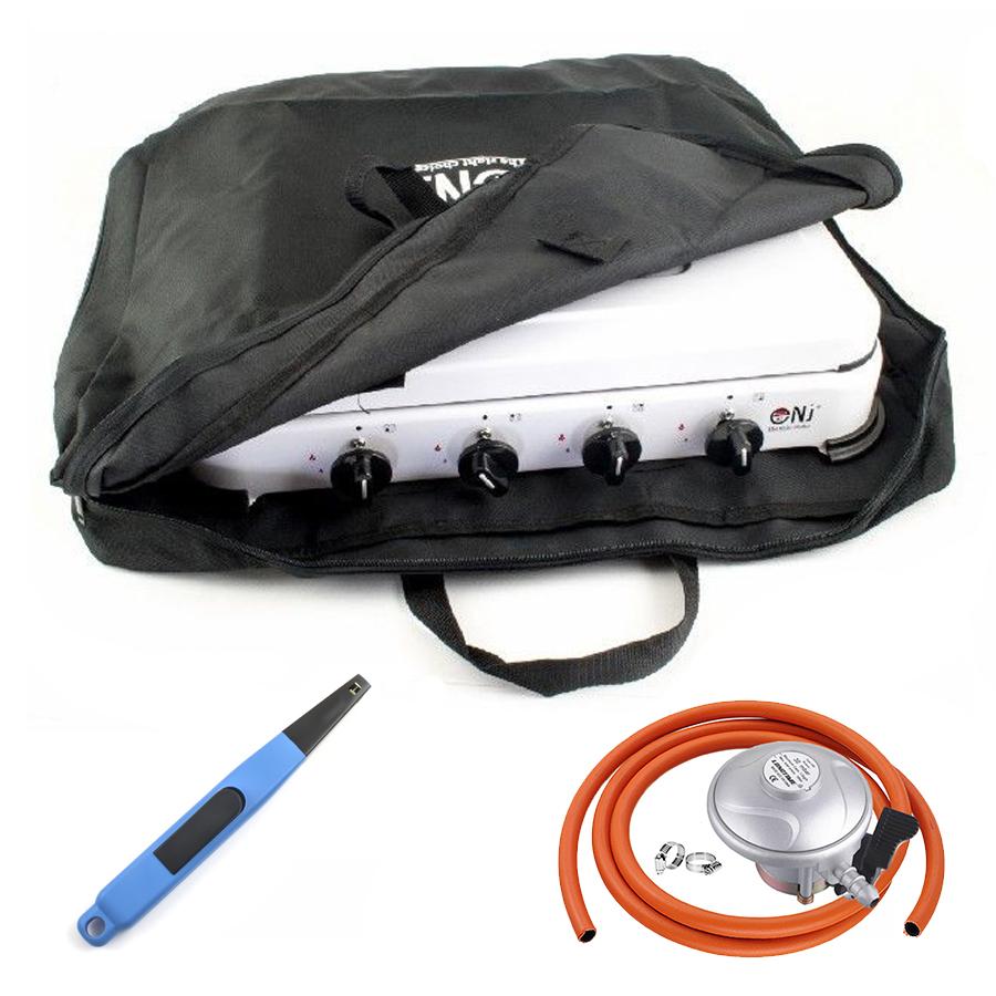 NJ-04 Gas Stove 4 Burners for Camping Outdoor with Carry Bag Piezo Lighter and Butane Regulator Set