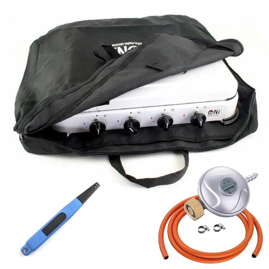NJ-04 Gas Stove 4 Burners for Camping Outdoor with Carry Bag Piezo Lighter and Butane Regulator Set