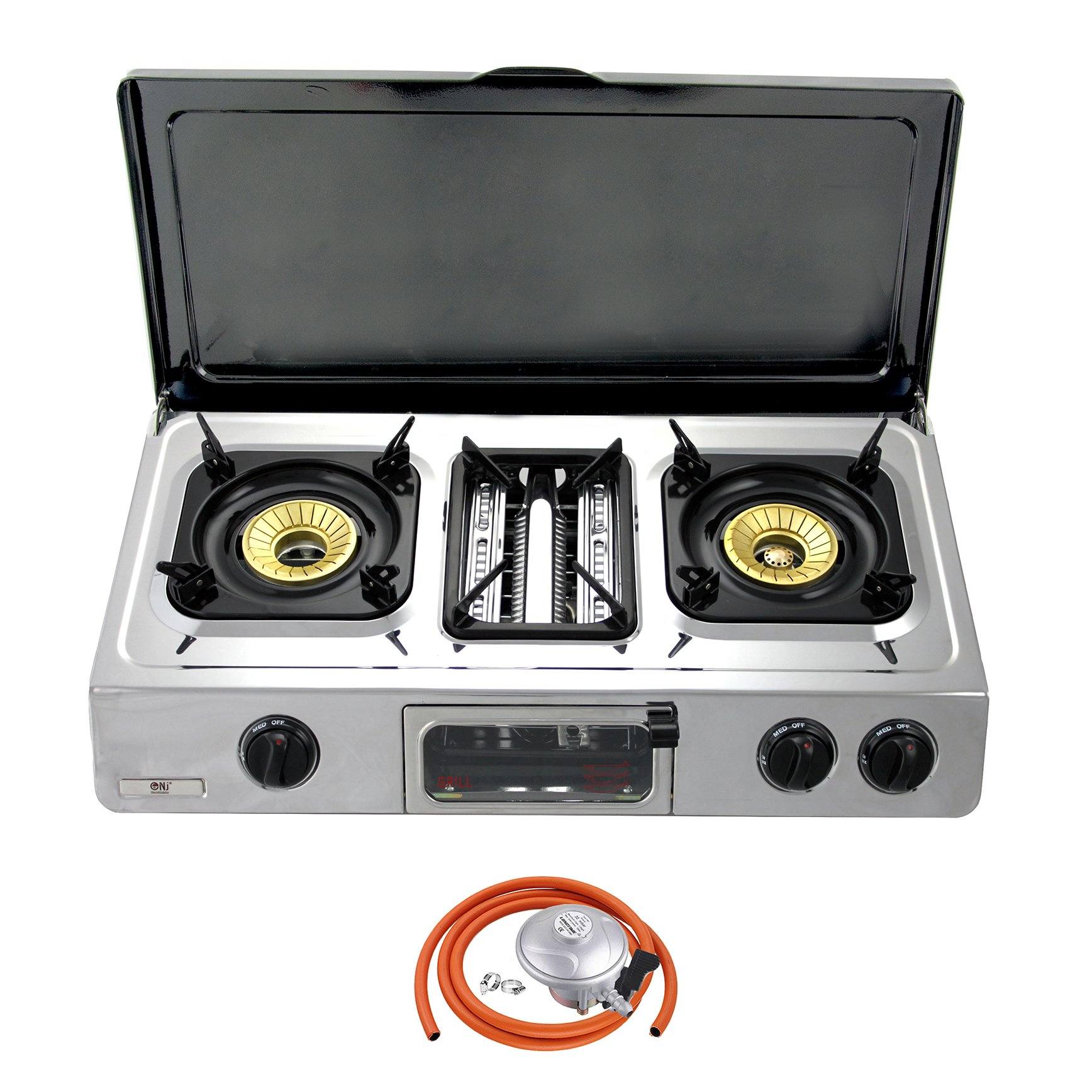 NJ G-87C Stainless Steel Gas Stove with Lid 3 Burners and Butane Regulator Clip-on