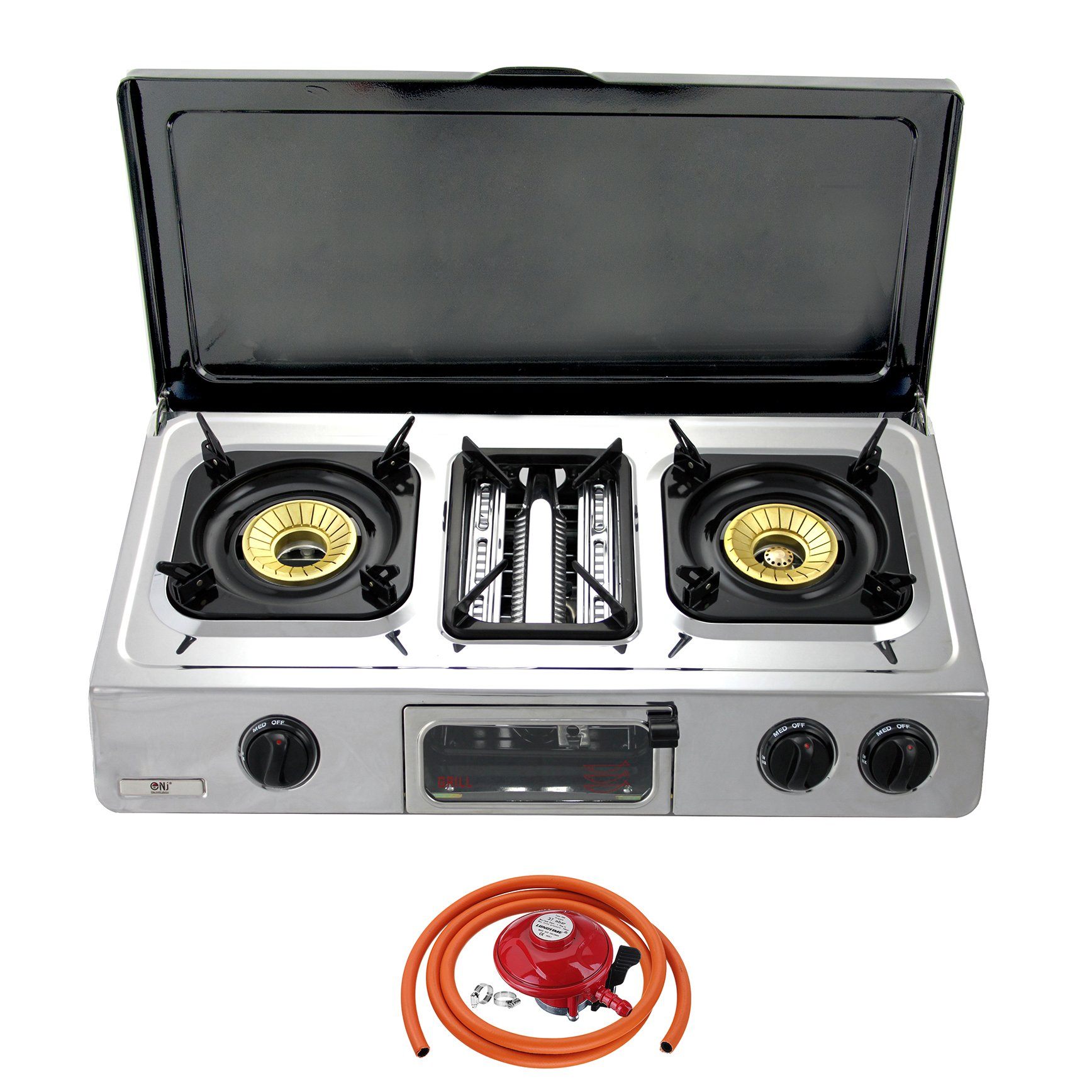NJ G-87C Stainless Steel Gas Stove with Lid 3 Burners and Propane Regulator Clip-on