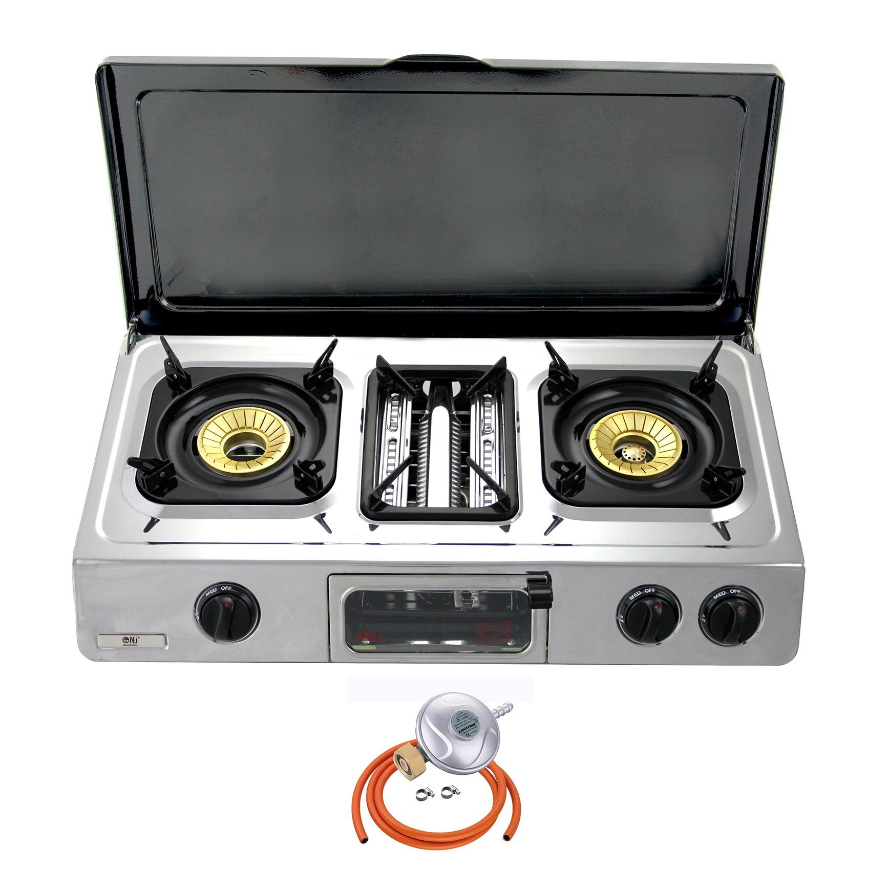 NJ G-87C Stainless Steel Gas Stove with Lid 3 Burners and Butane Regulator Screw-on