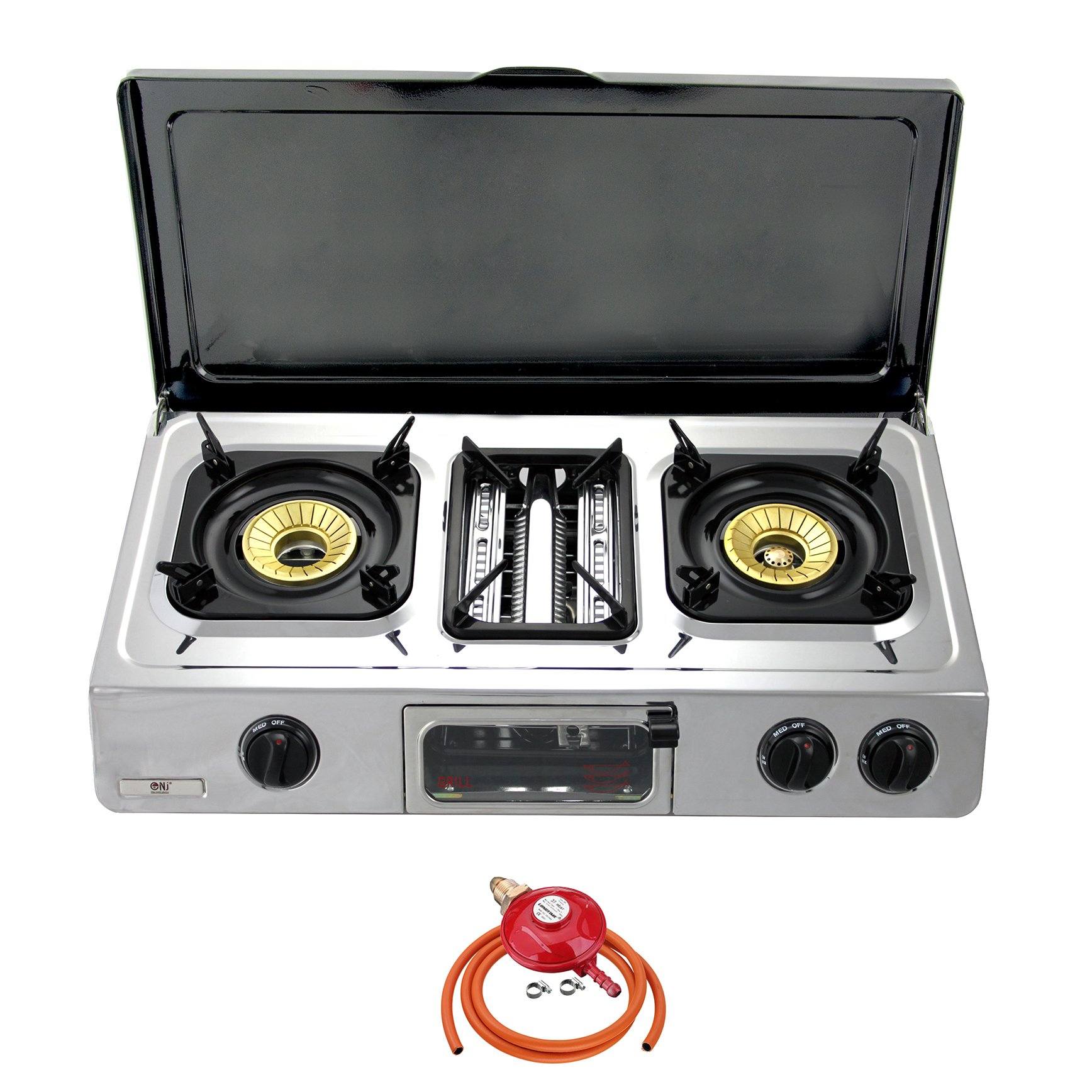 NJ G-87C Stainless Steel Gas Stove with Lid 3 Burners and Propane Regulator Screw-on