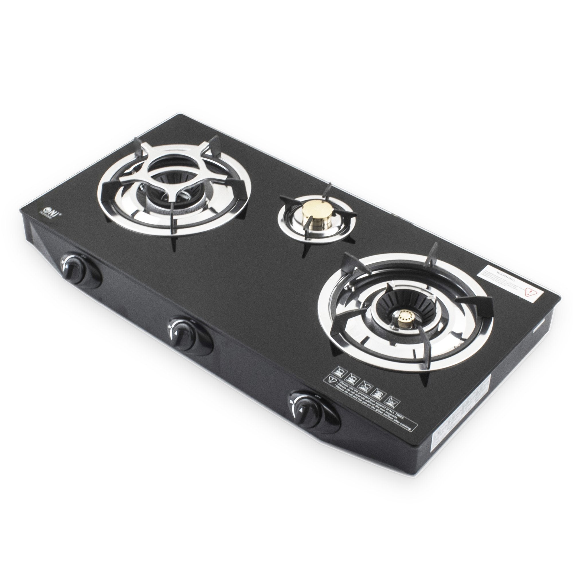 NJ NGB-S3 Black Glass 3 Burners Gas Stove Indoor LPG Cooker with Piezo