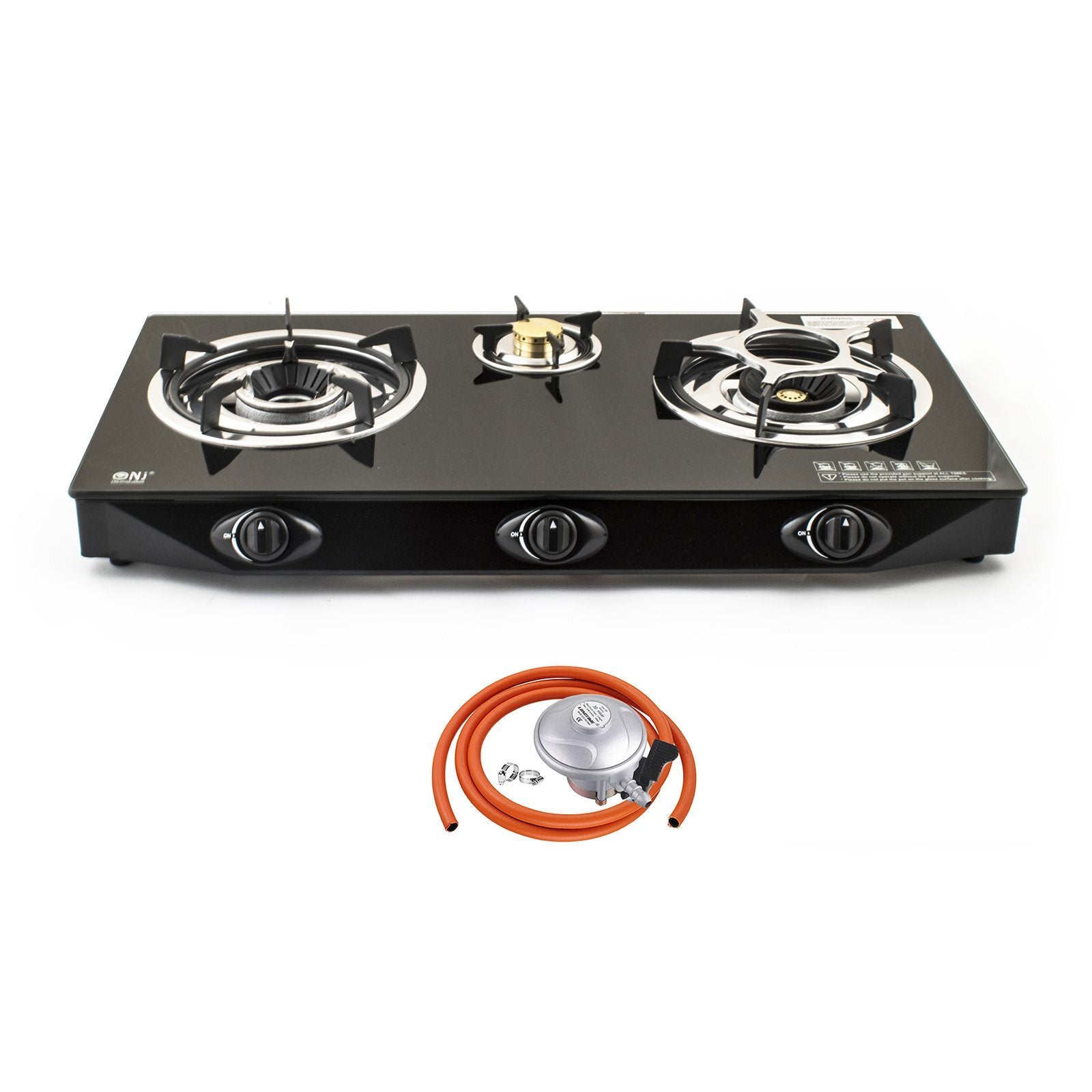NJ NGB-S3 Black Glass 3 Burners Gas Stove Indoor with Butane Regulator Clip-on