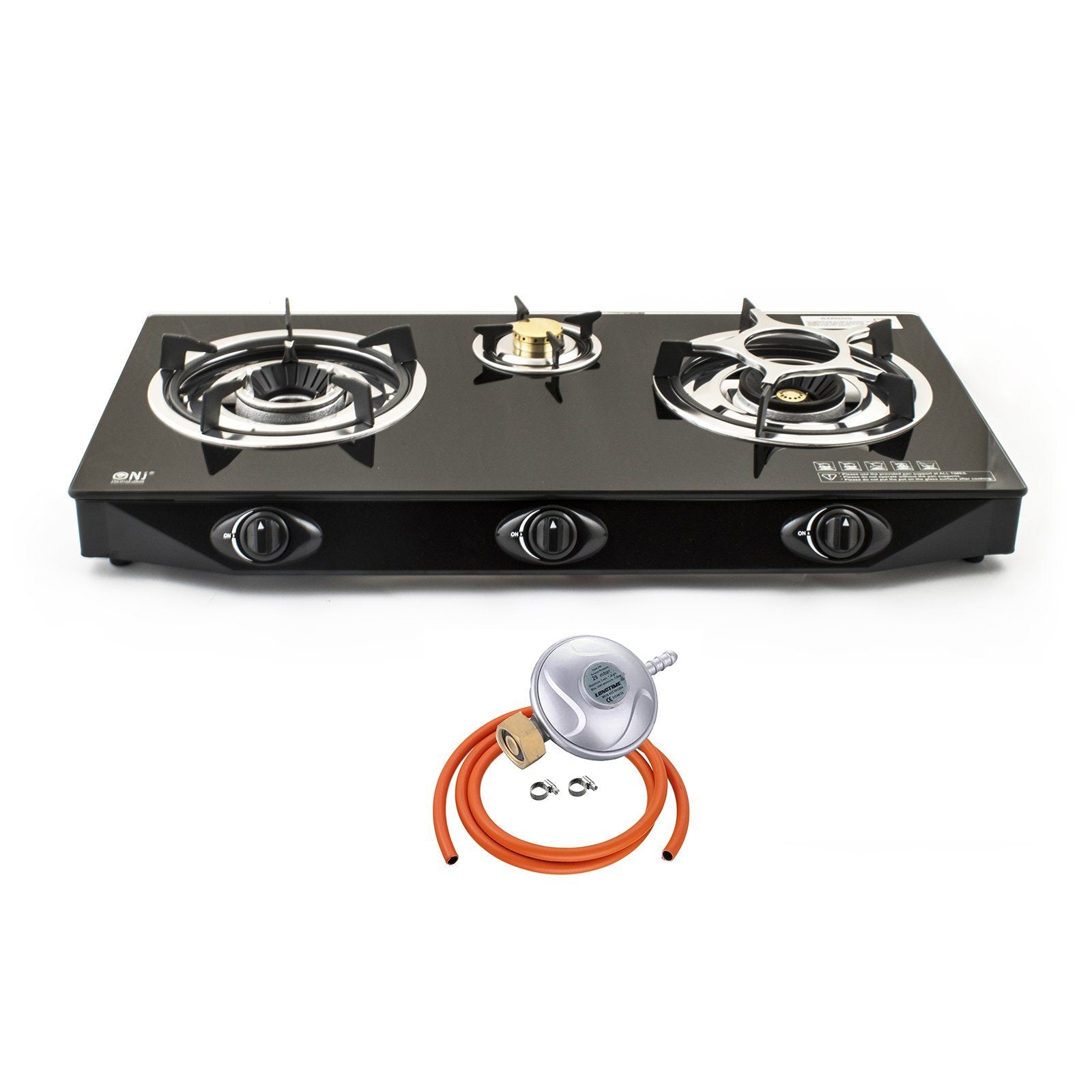 NJ NGB-S3 Black Glass 3 Burners Gas Cooker Indoor with Butane Regulator Screw-on