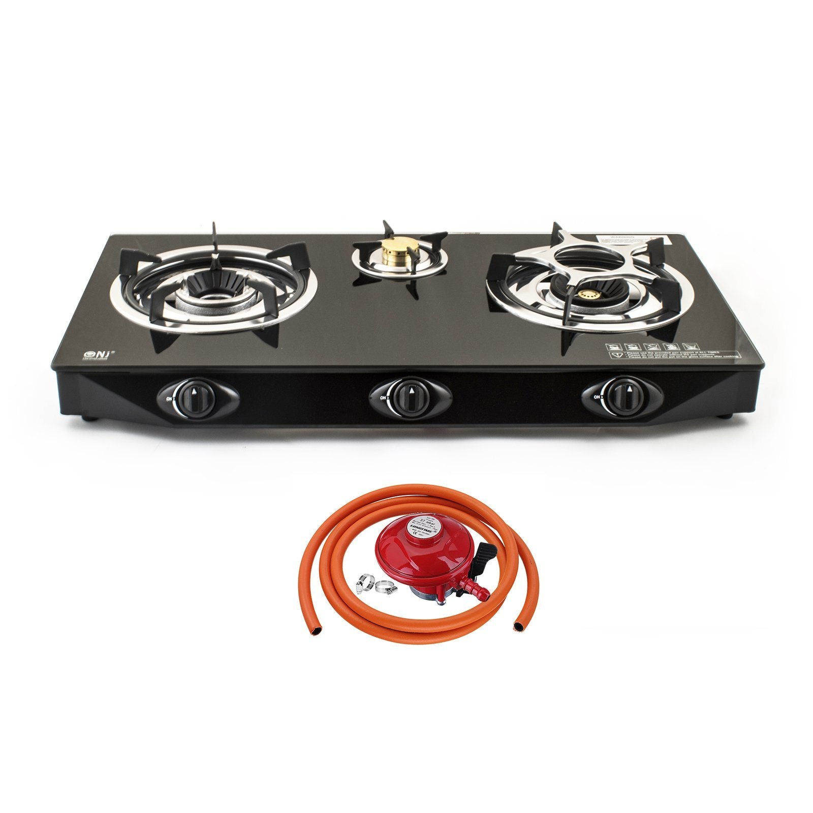 NJ NGB-S3 Black Glass 3 Burners Gas Hob Indoor with Propane Regulator Clip-on
