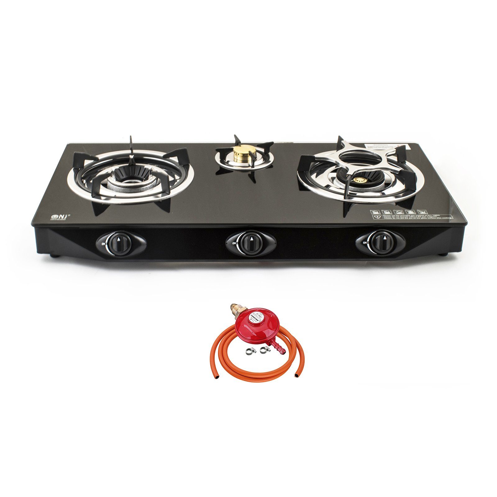 NJ NGB-S3 Black Glass 3 Burners Gas Stove Indoor with Propane Regulator Screw-on