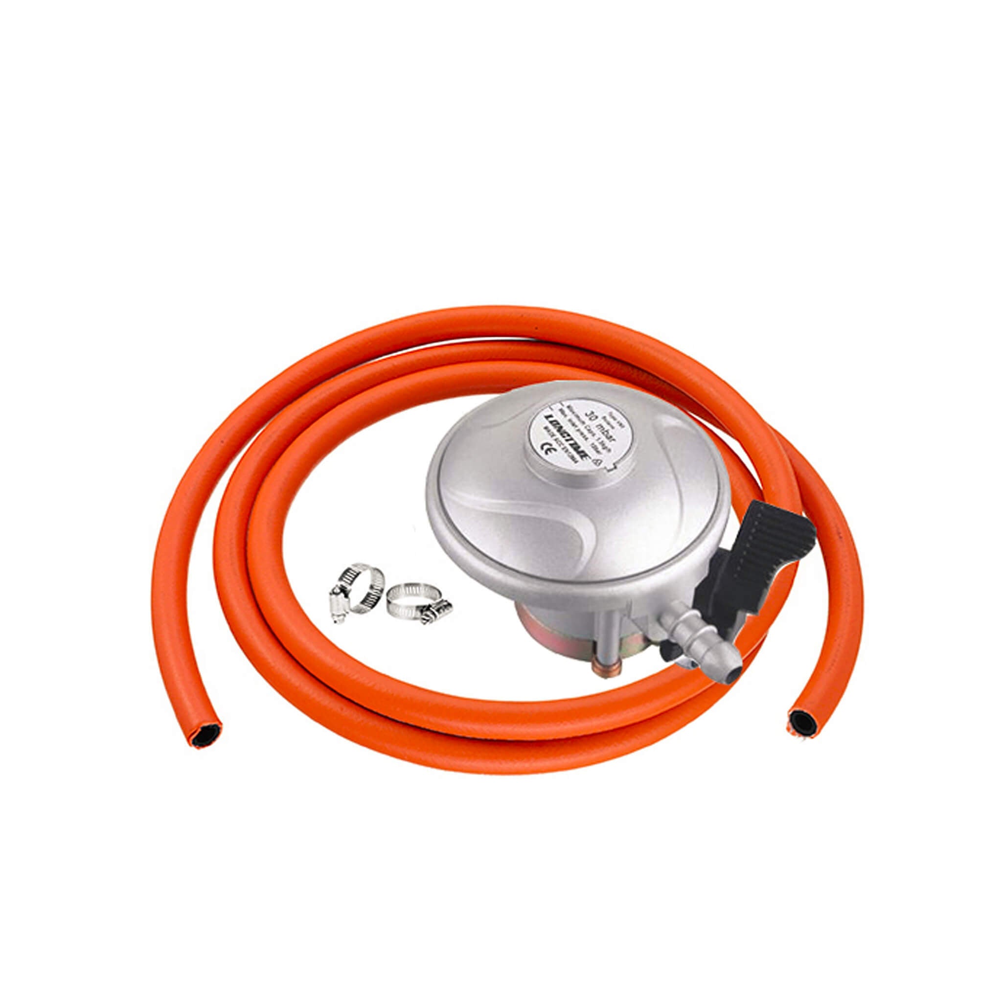 Gas regulator set Butane 28mbar Clip-on 21mm with hose and 2 clips