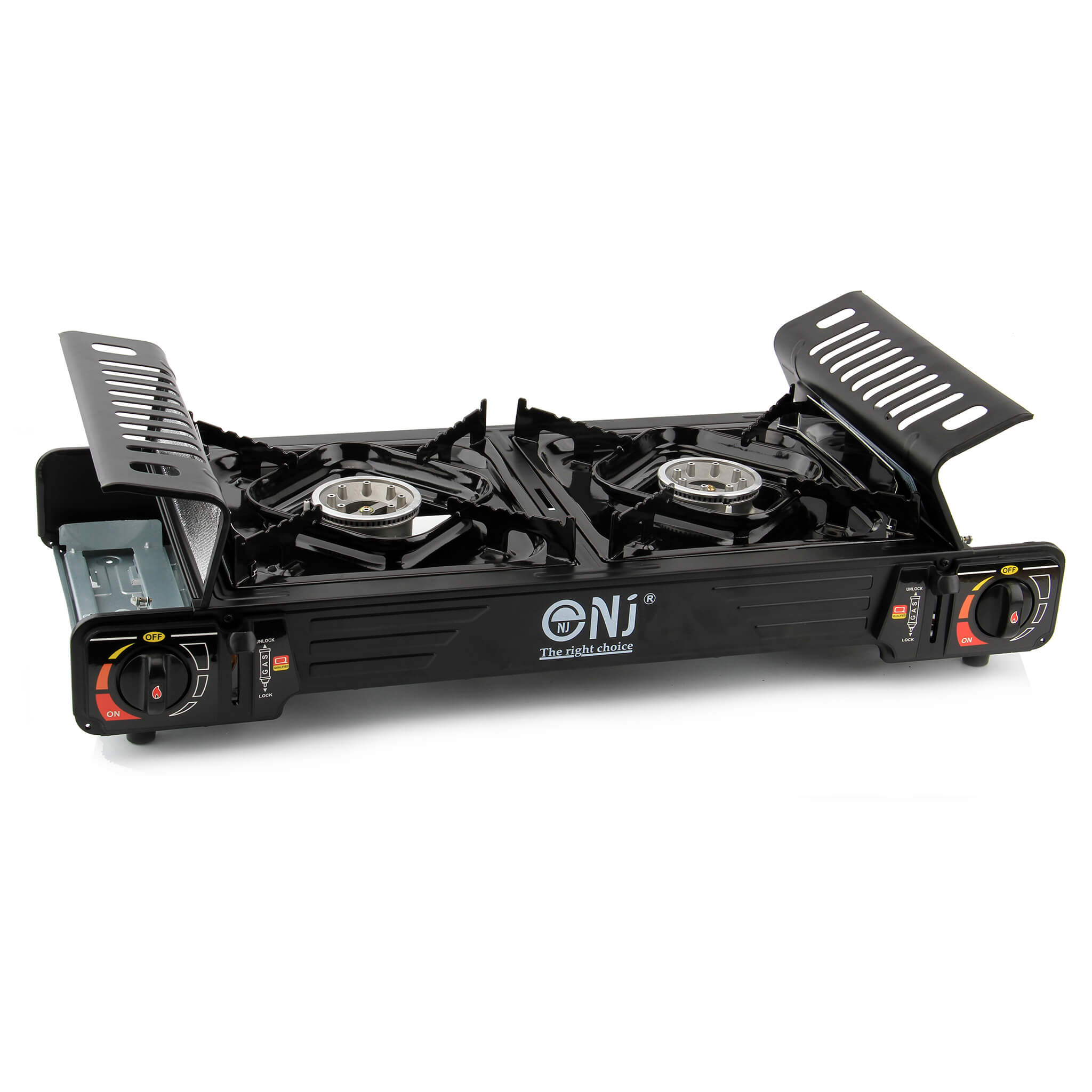 Portable gas stove with 2 gas compartments open