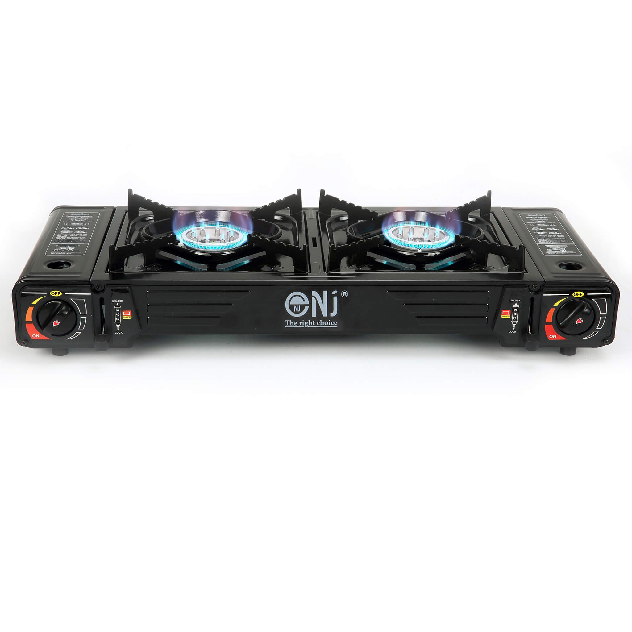 Portable gas stove with two burners with stable blue flames