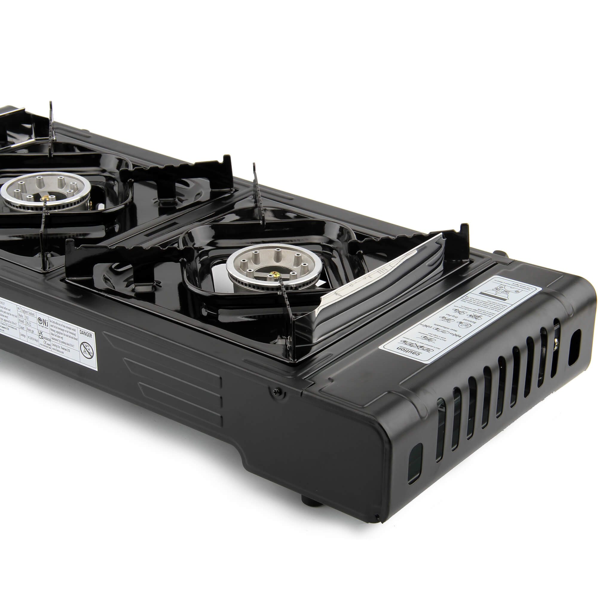 Black portable gas stove with two burners with butane gas canisters