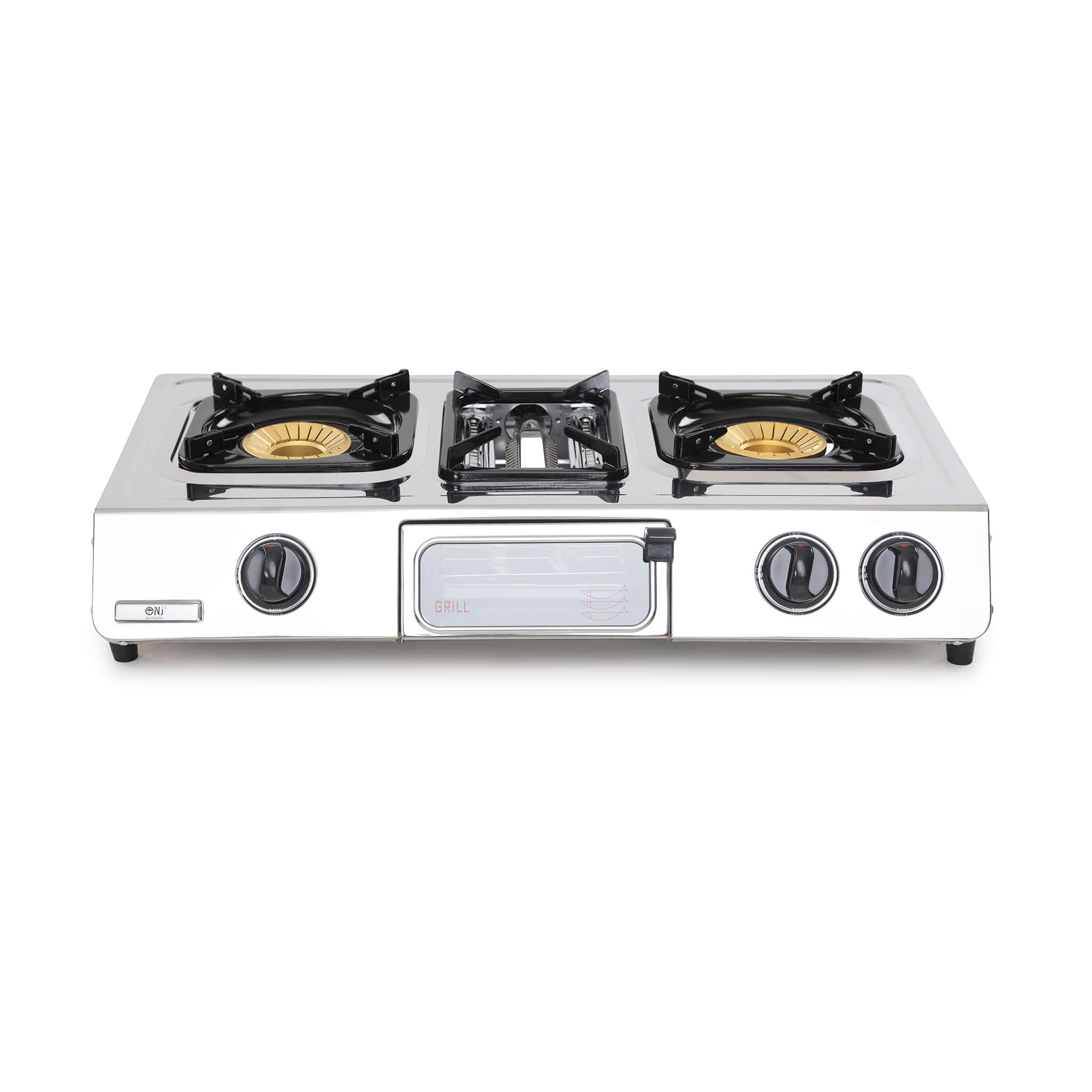 Stainless steel portable gas stove with three burners on a white background