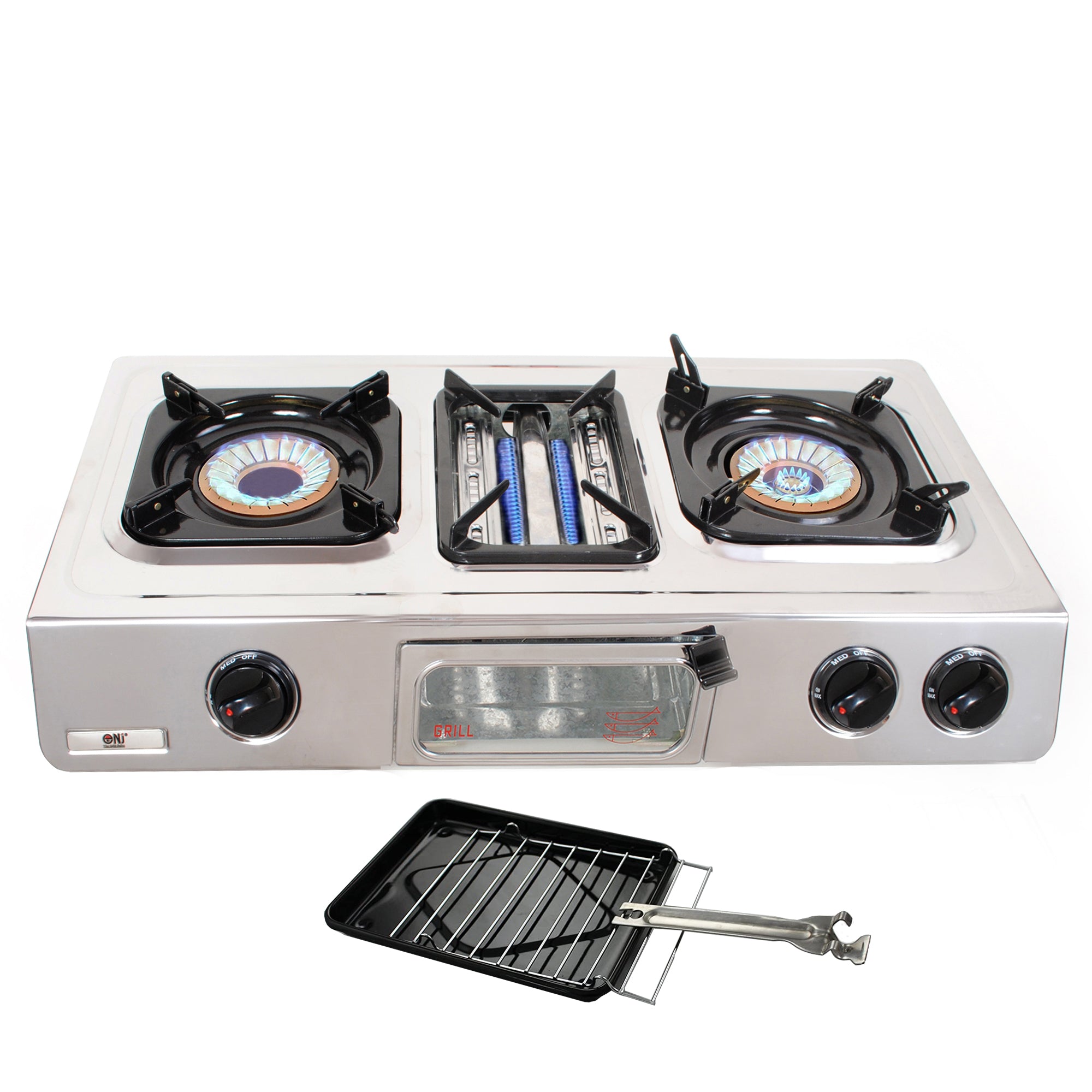 NJ GC-87 Camping Stainless Steel Gas Stove 3 Burners with Grill & Oven 9.7kW