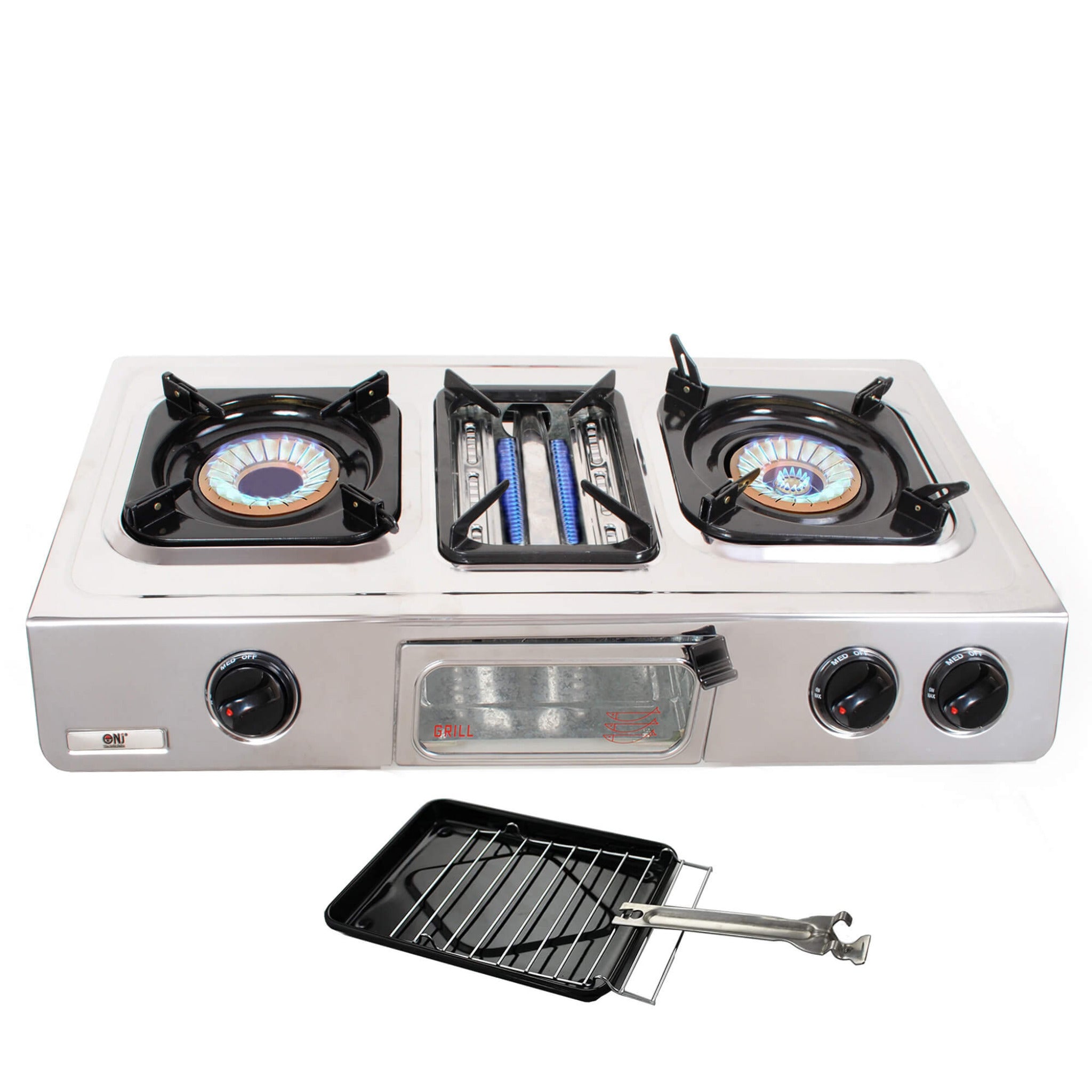 Portable gas stove with two burners and a grill blue flame