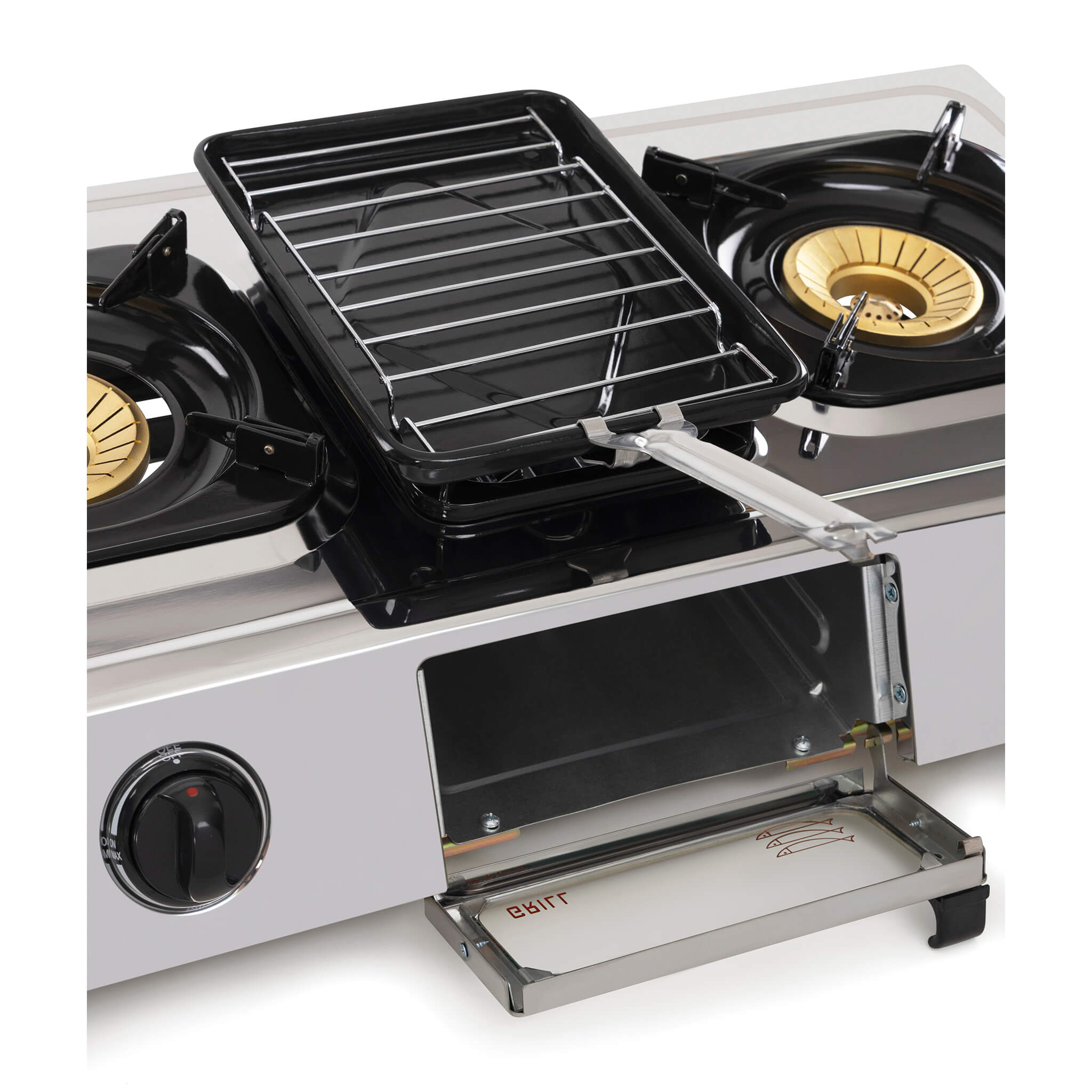 Portable stove with grill and oven on a white background