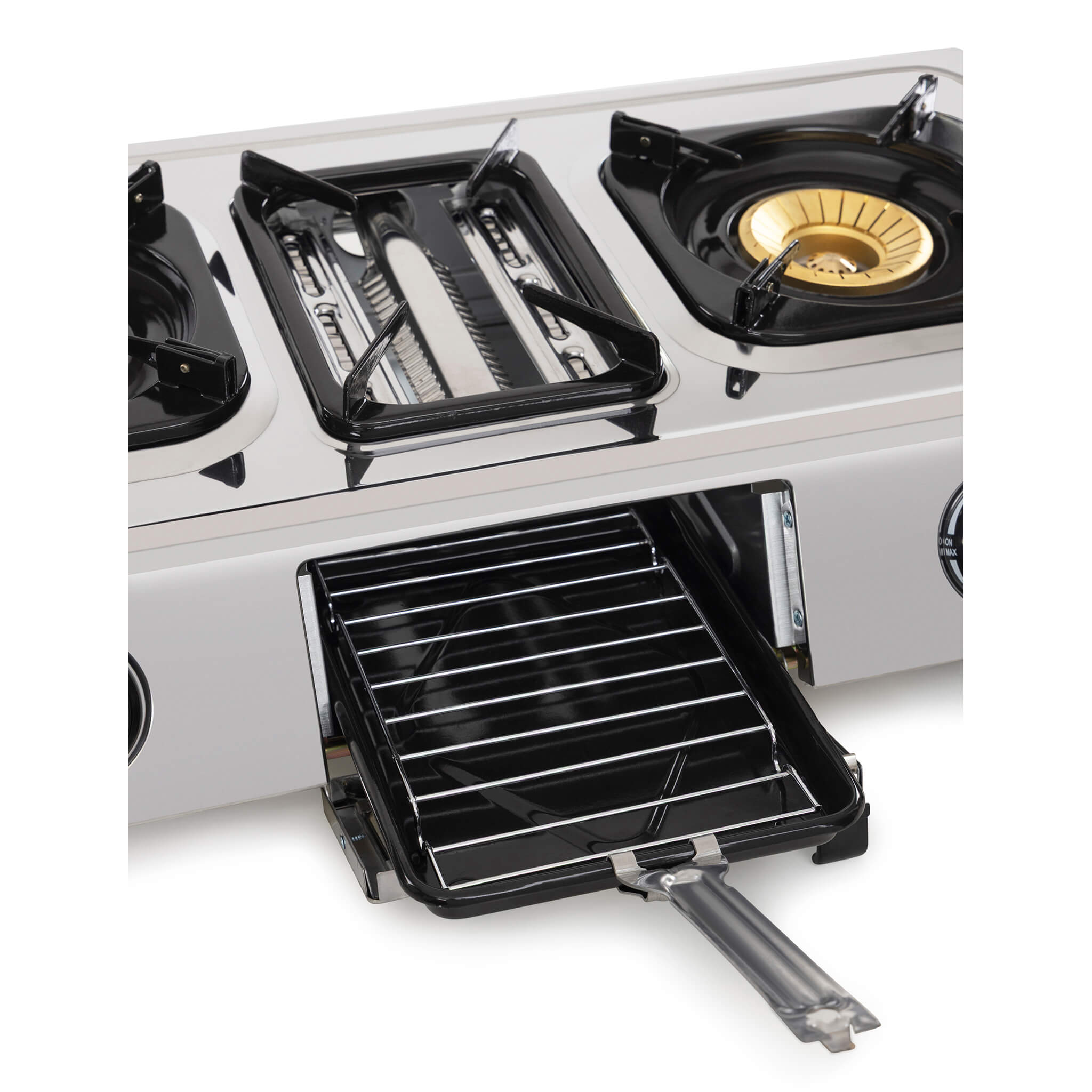 Gas stove with griddle attachment on a white background