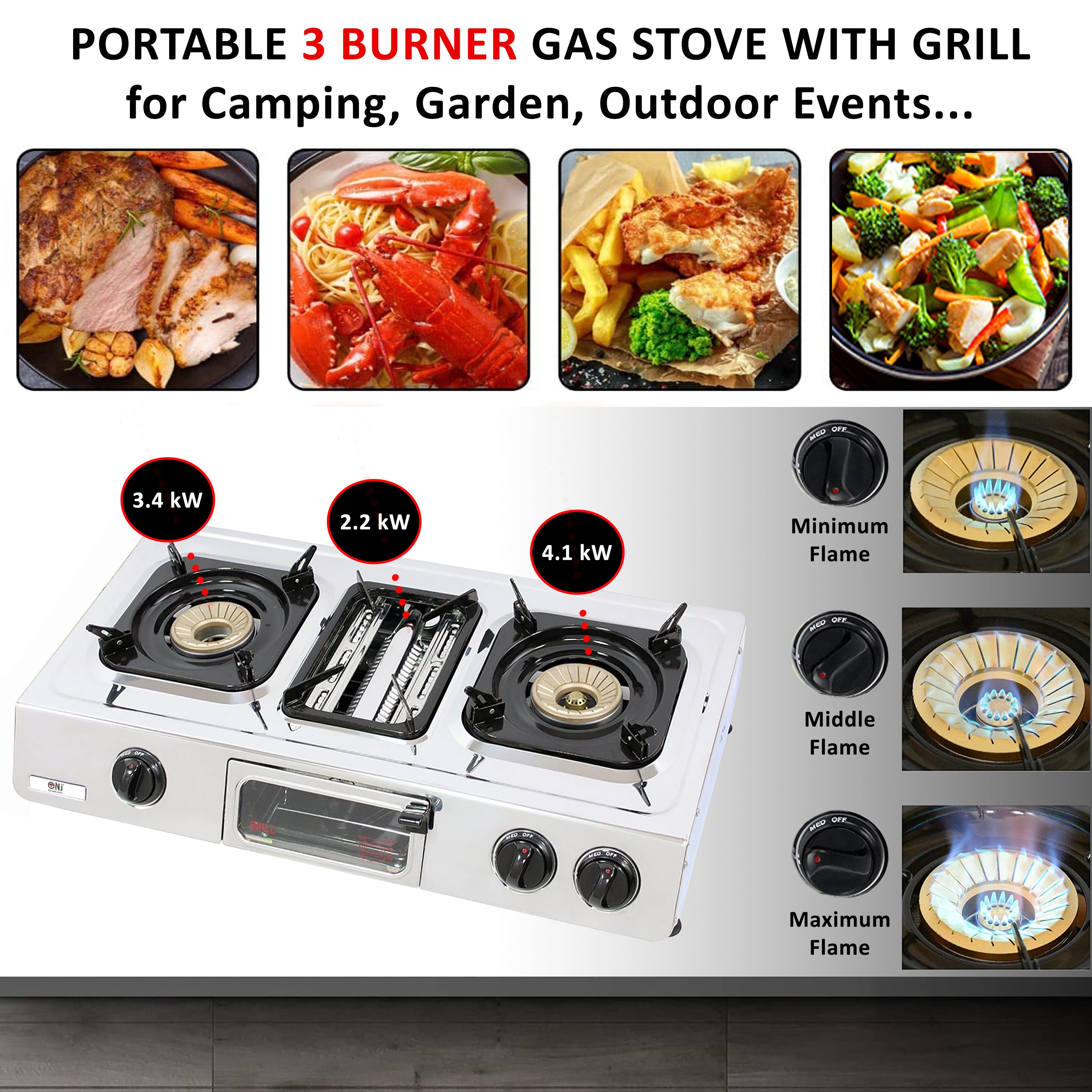 NJ GC-87 Camping Stainless Steel Gas Stove 3 Burners with Grill & Oven 9.7kW