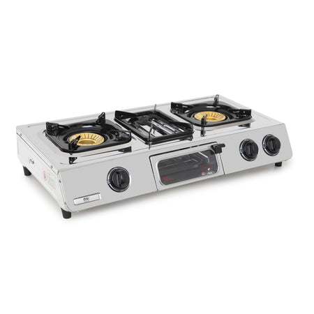 Stainless Steel Three-burner gas stove on a white background