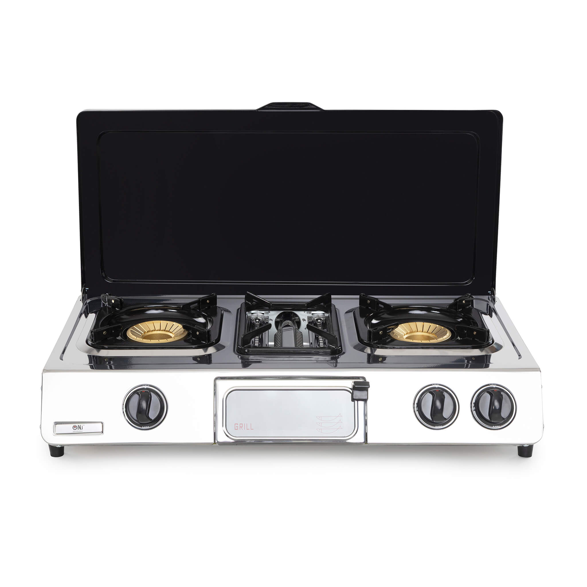 Portable gas stove with three burners on a white background