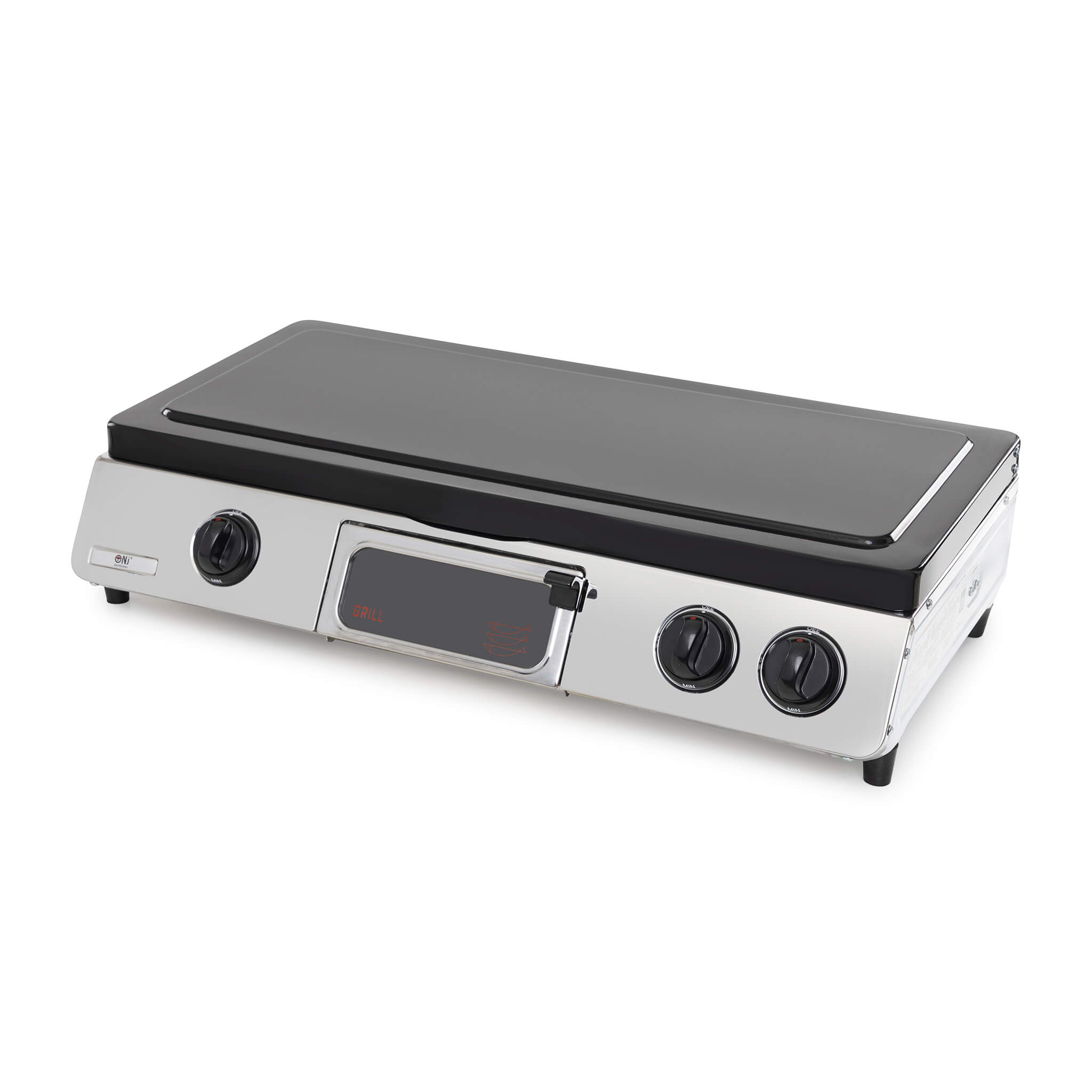 Hot plate with black top lid and stainless steel base on a white background