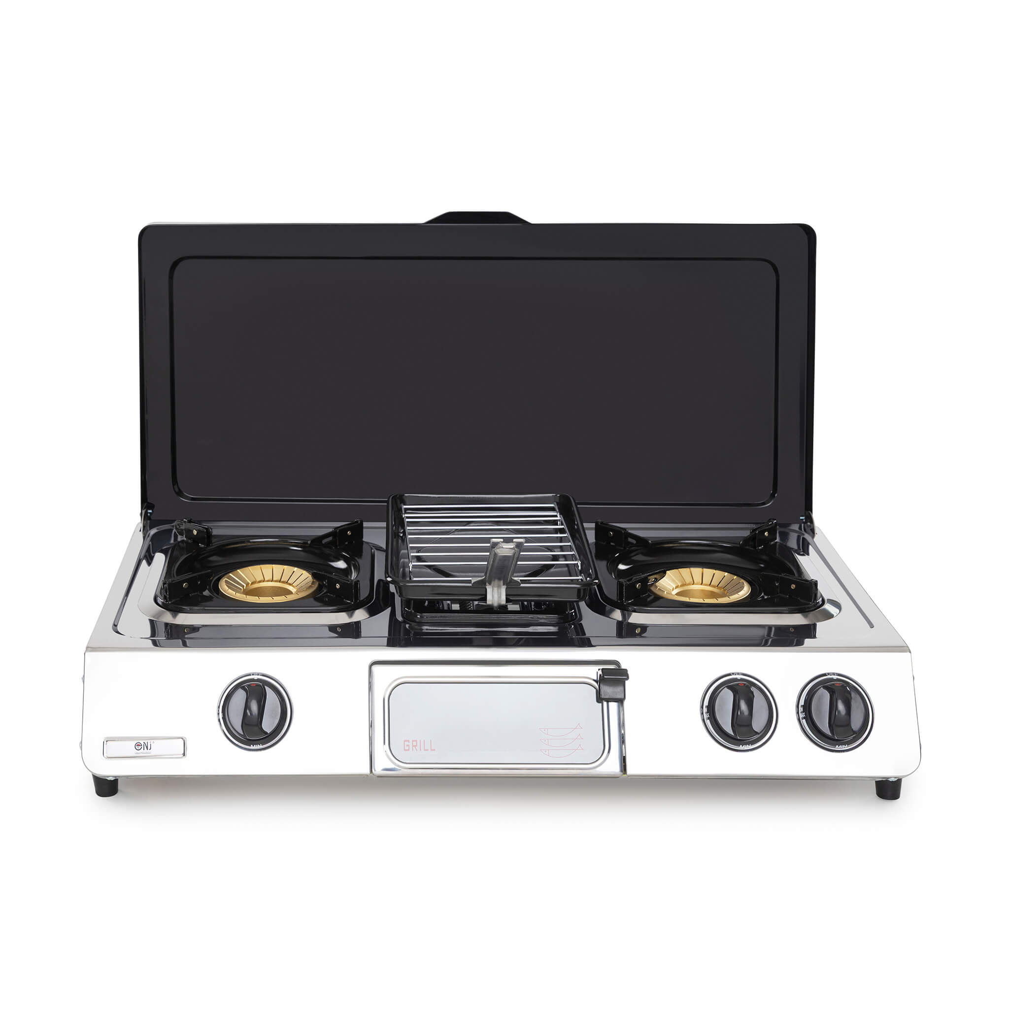 Portable gas stove with two burners and a grill on a white background