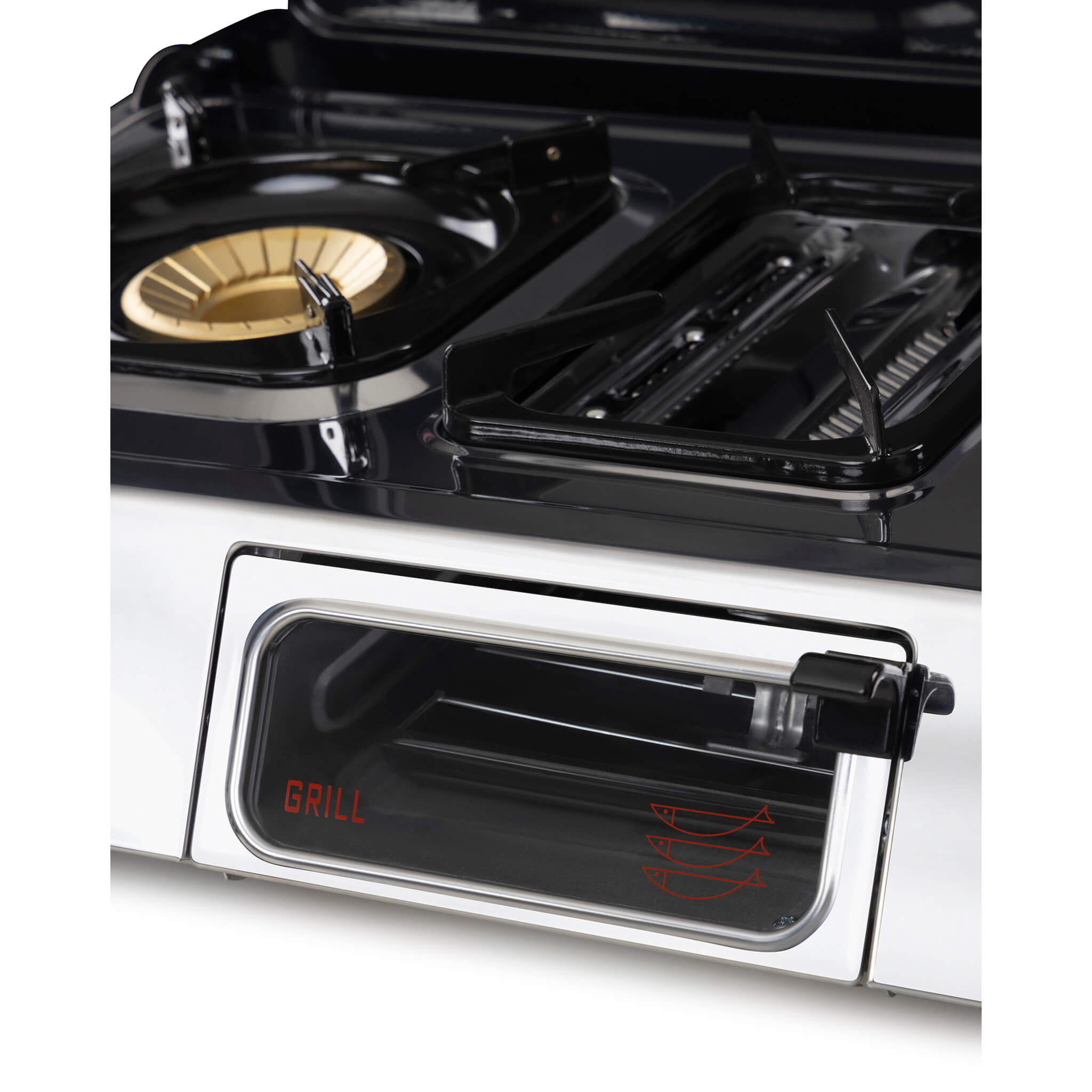 Stainless steel gas stove with open oven door on a white background
