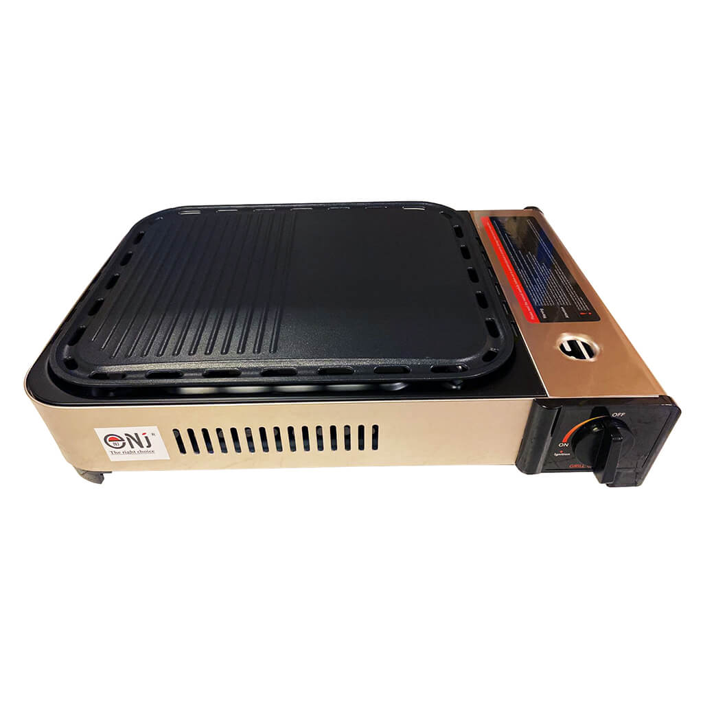 Portable butane gas grill with control panel and grill plate