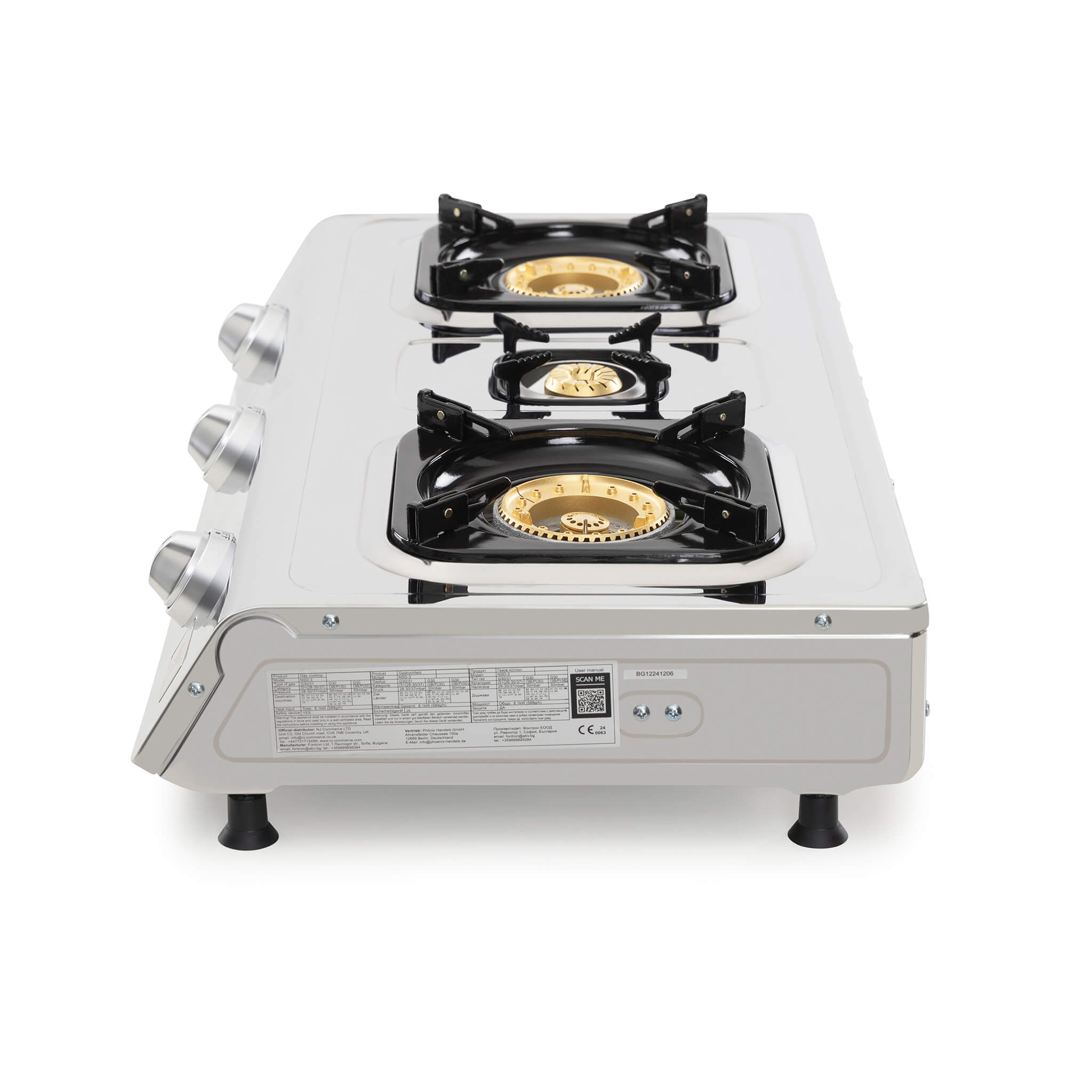 Portable gas stove with three burners on a white background
