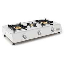 Three-burner gas stove with stainless steel surface