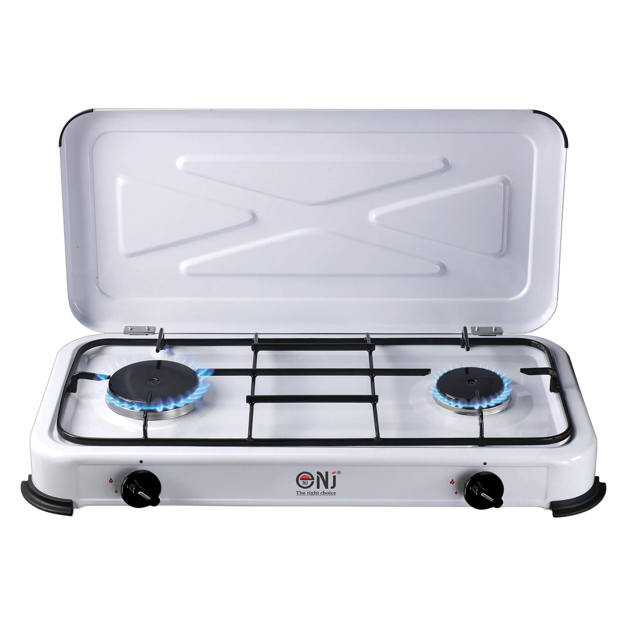 Portable gas stove with two burners flame