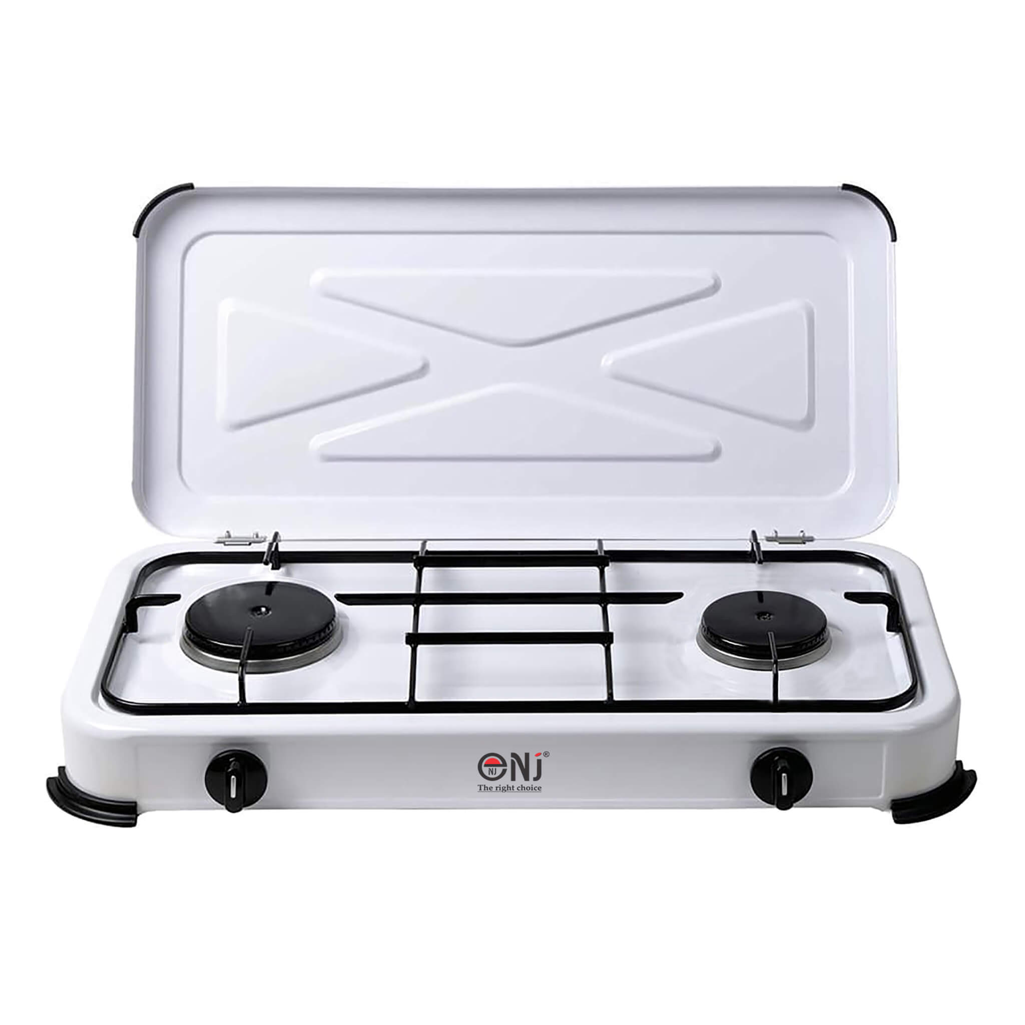 Portable gas stove with two burners and a white lid