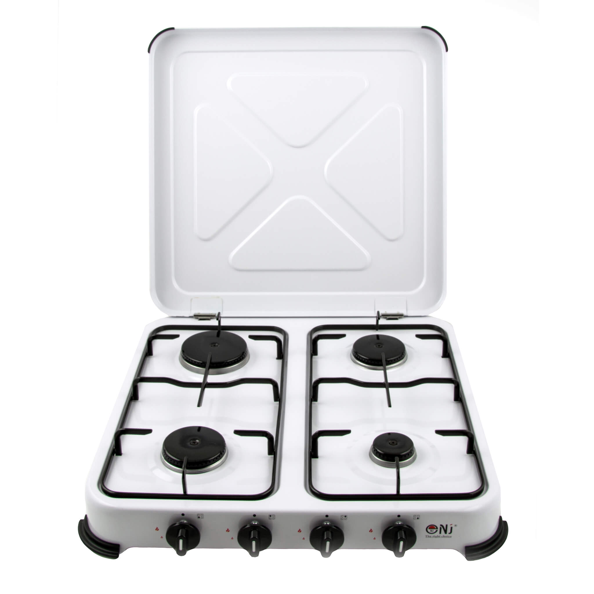 NJ-04 White gas stove with four burners and a lid