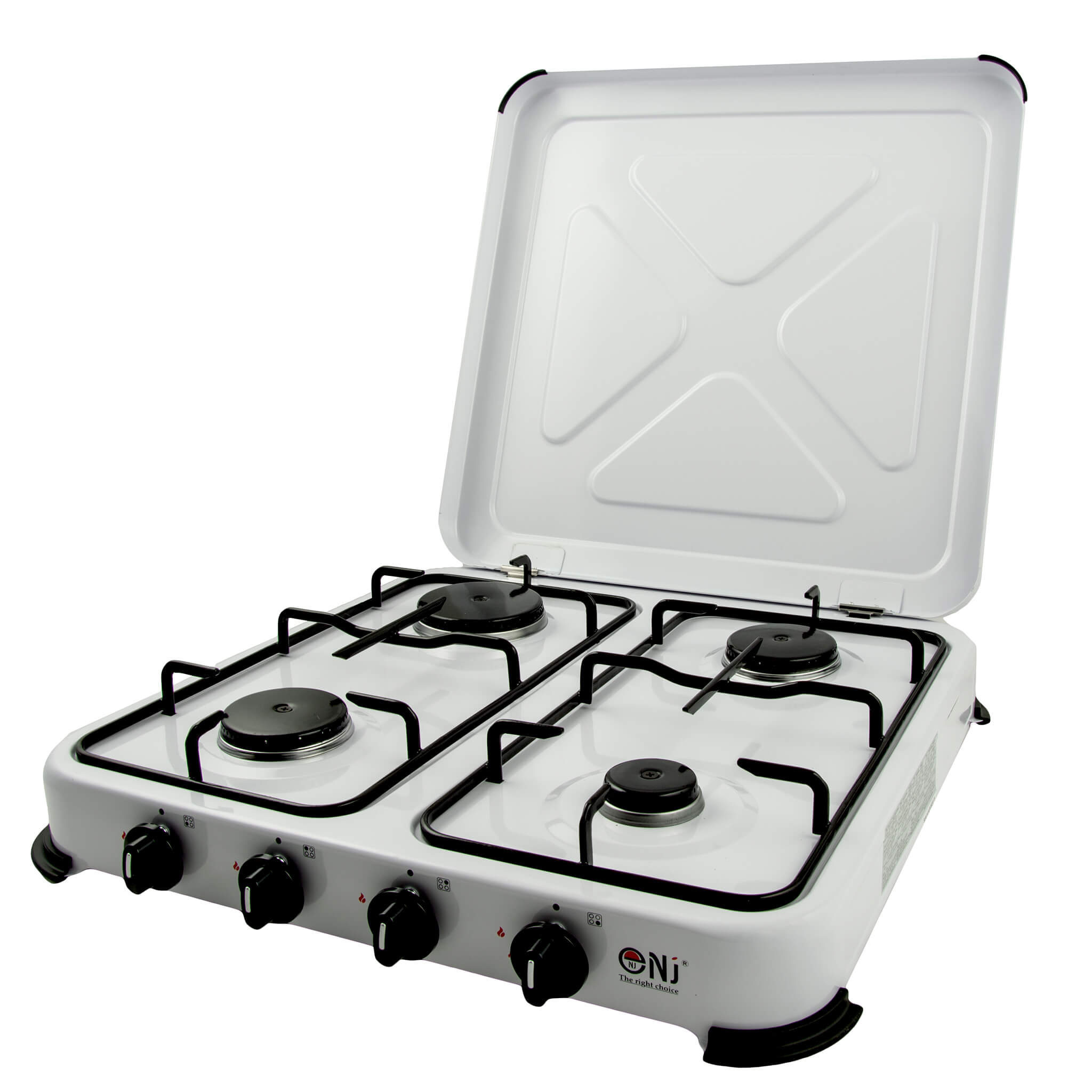 Portable gas stove with four burners and a white cover