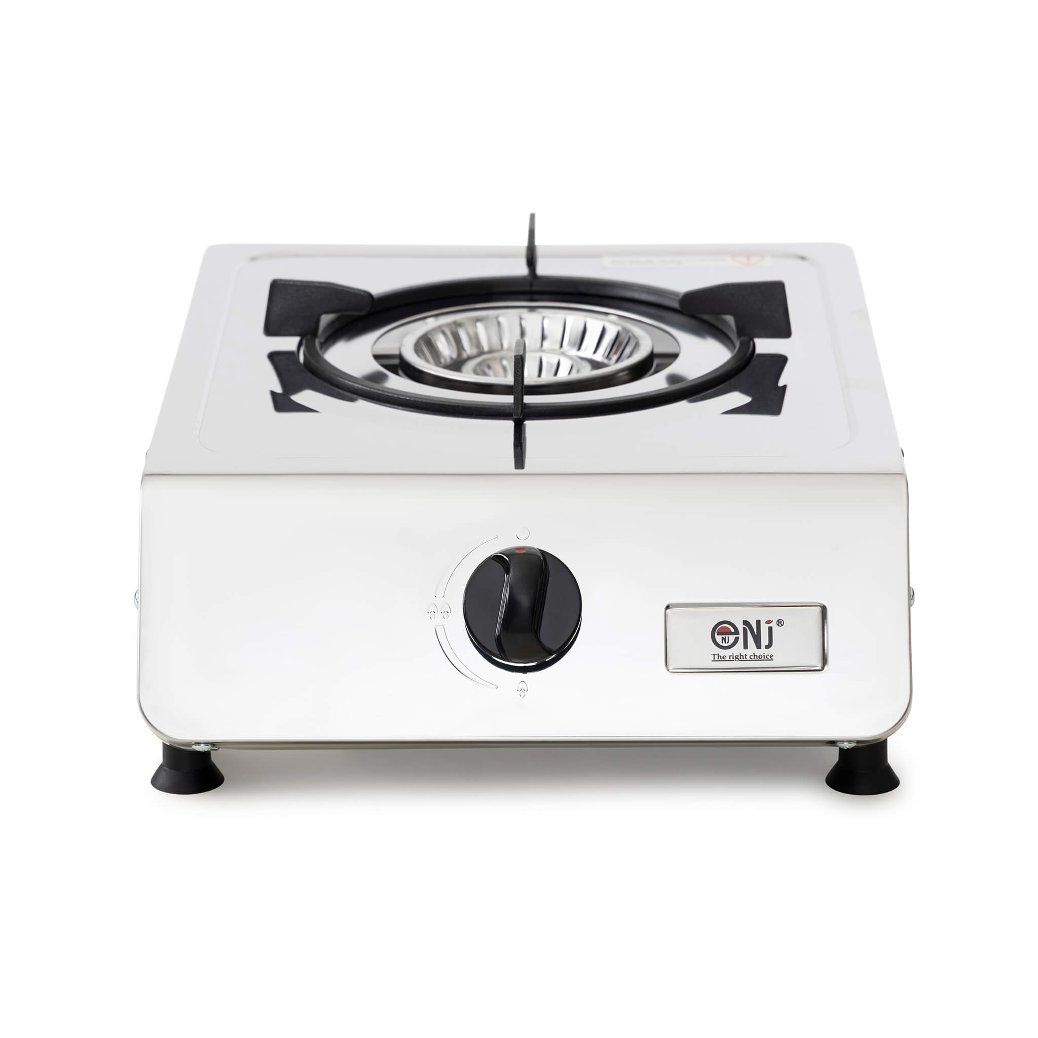 Single burner gas stove with stainless steel base and black burner on a white background