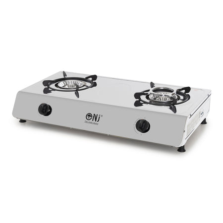 Two-burner gas stove on a white background