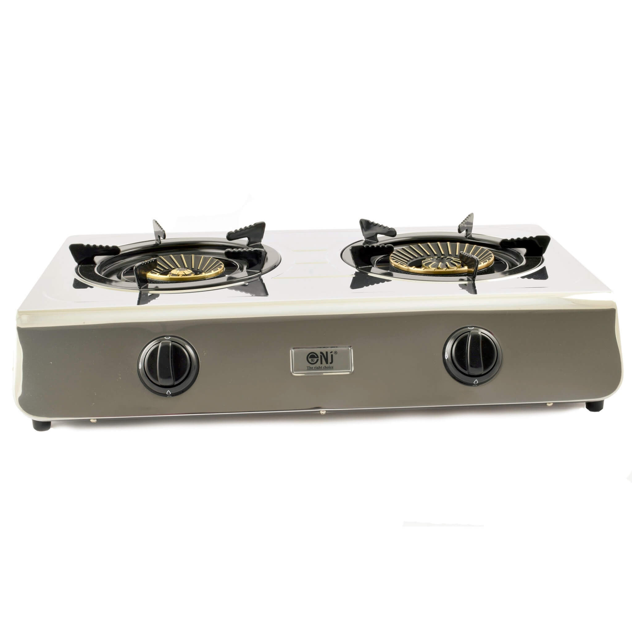Two-burner gas stove with a stainless-steel surface and 2 burners on a white background
