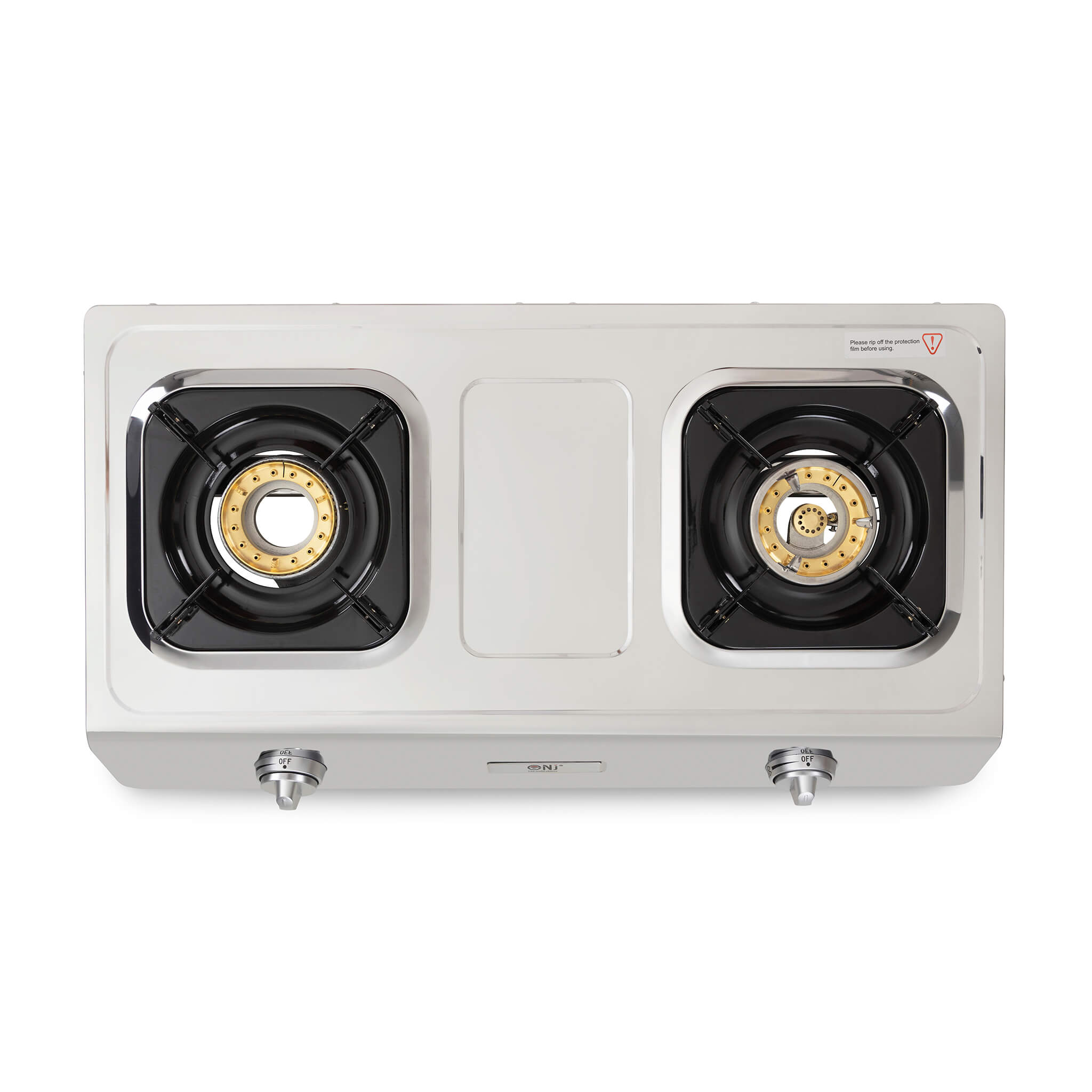 Two-burner gas stove with enamel pan support and stainless steel base
