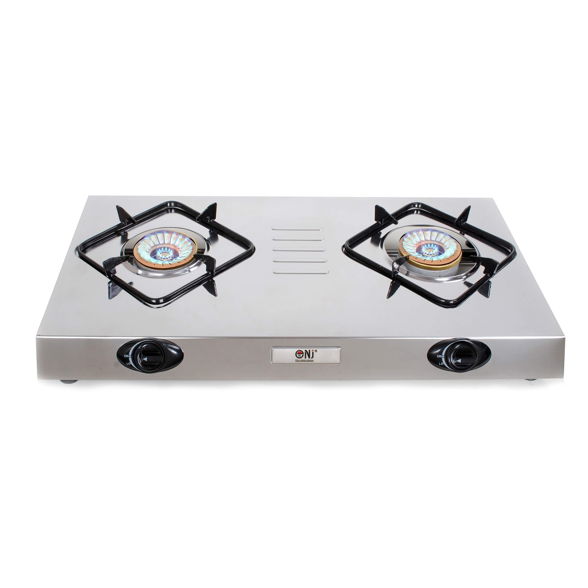 Stainless steel gas stove with two burners and stable blue flame