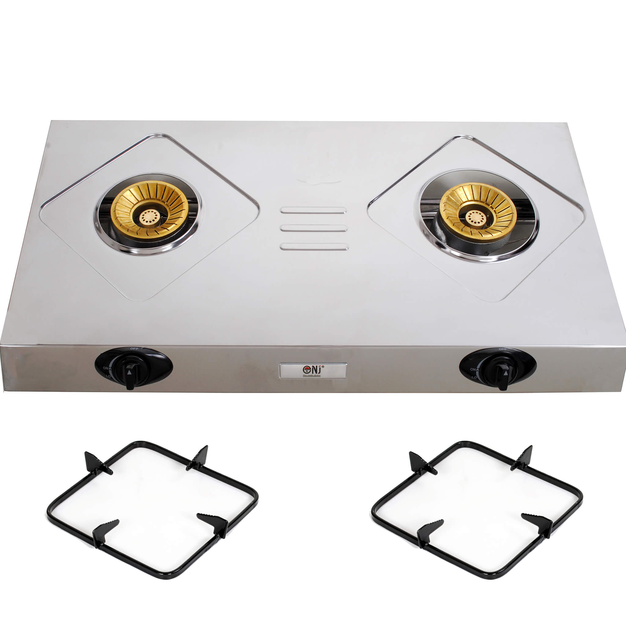 Stainless steel gas stove with two burners and removable pan support