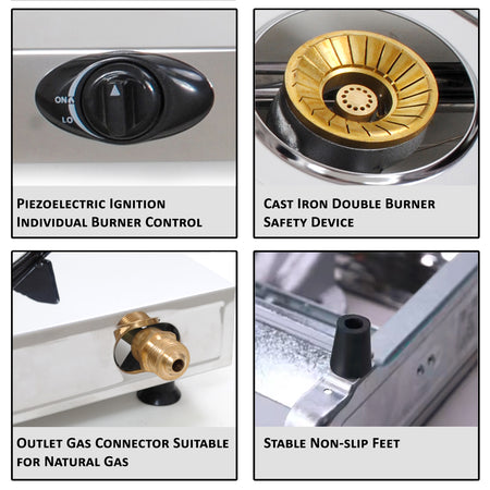 NJ NT-2 Stainless Steel 2 Burner Gas Stove Natural Gas 8.4kW