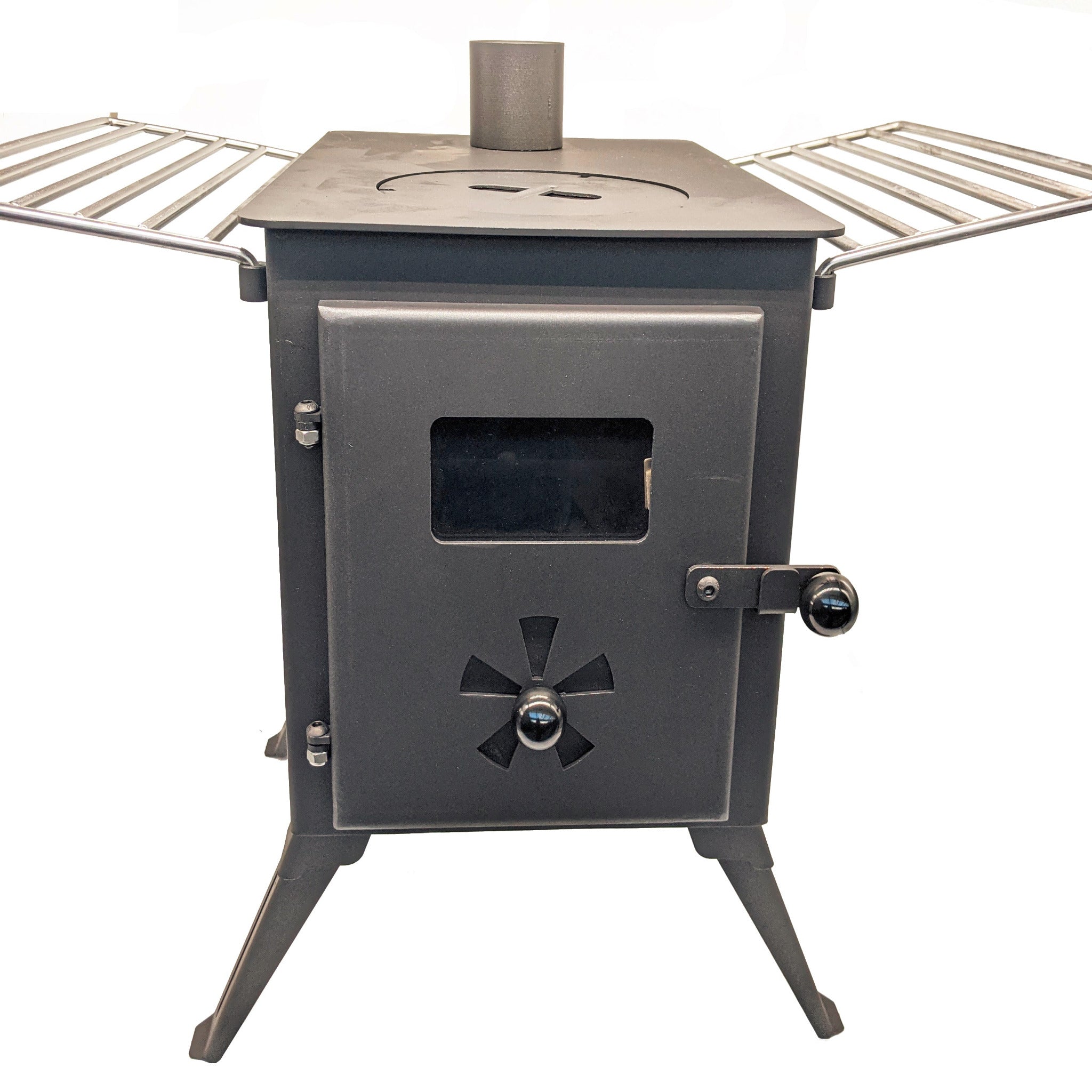 Black metal wood stove with two metal grates on a white background