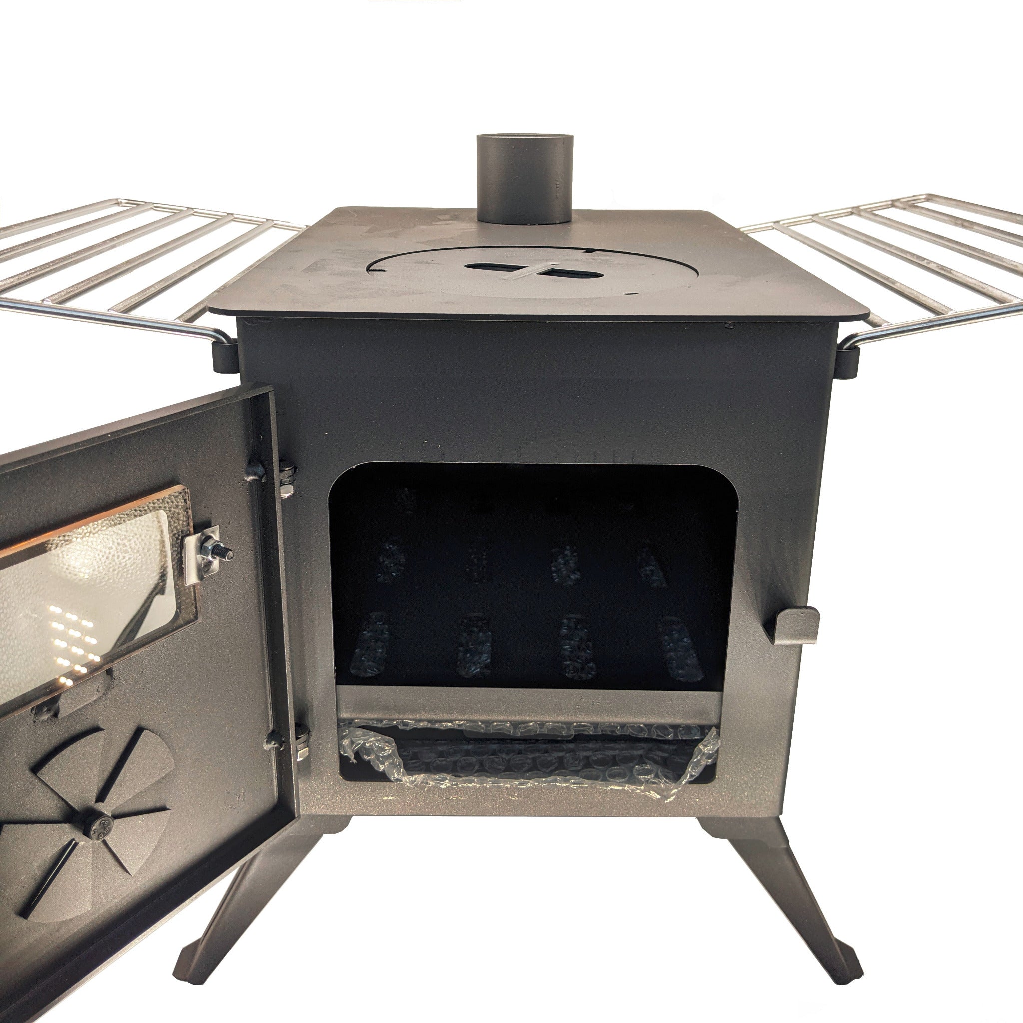 Wood stove with open door on a white background