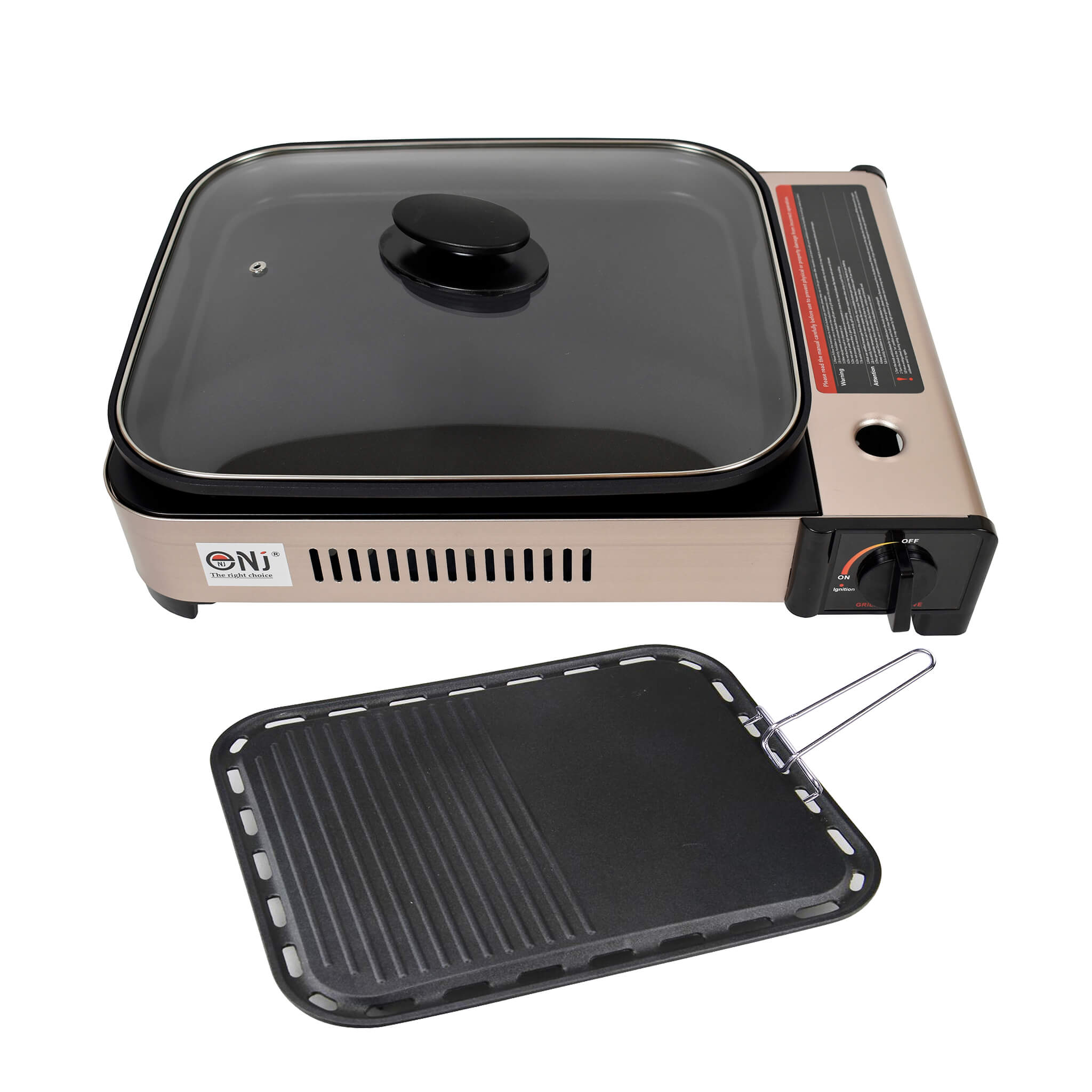 Portable gas grill with glass lid and detachable griddle 