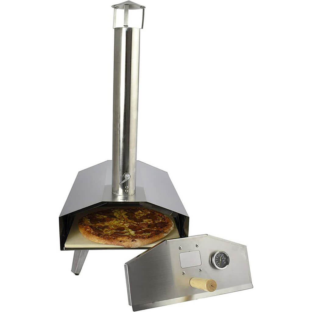 Stainless steel outdoor pizza oven with a pizza inside