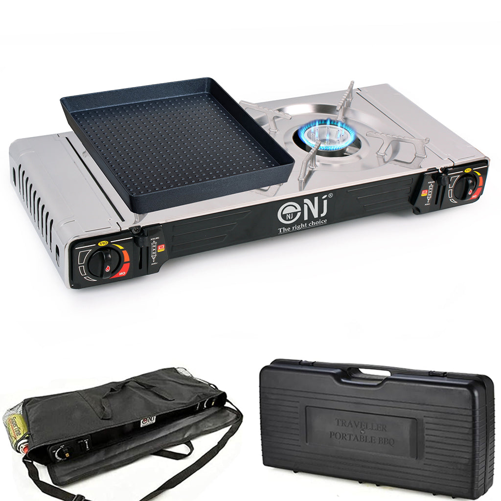 Portable camping stove with grill and carrying case and a carry bag