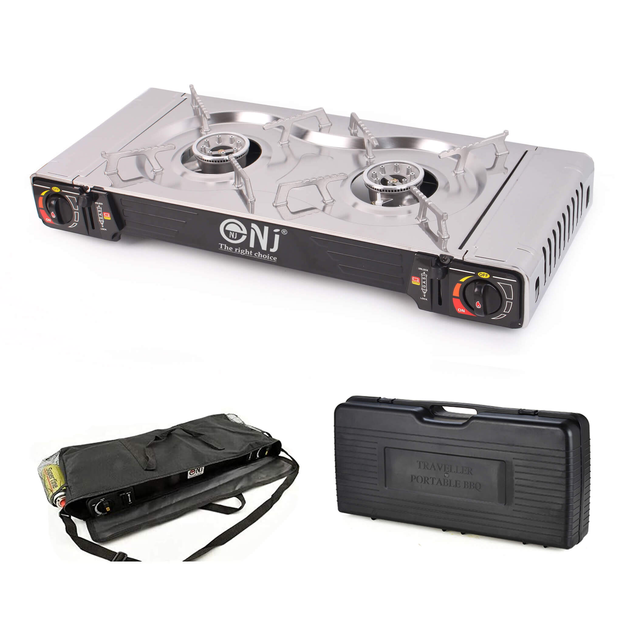 Portable gas stove with carrying case and carrying bag