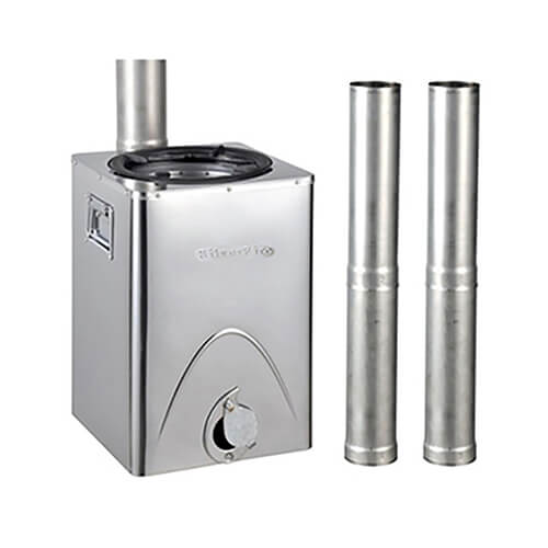 Stainless steel wood stove with two cylindrical flue pipes 