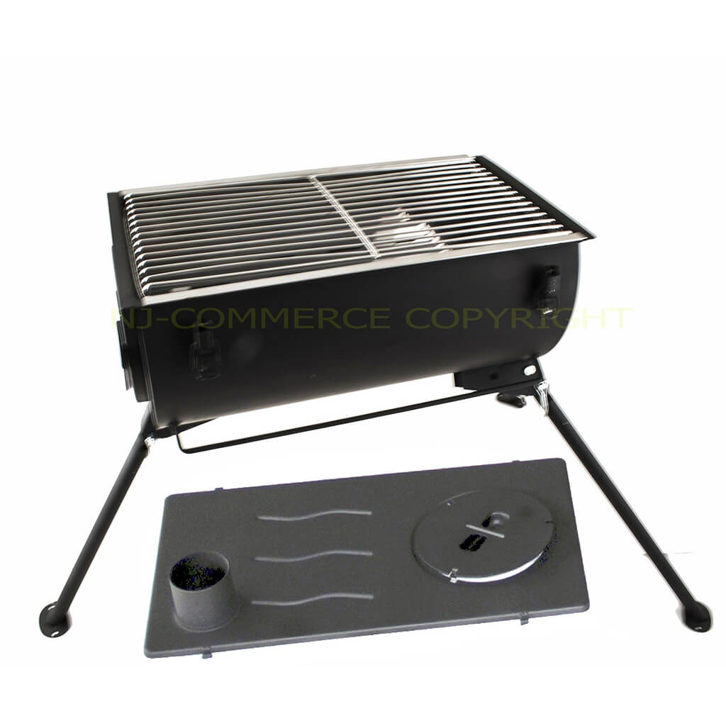 Portable grill with a black base and metal grid on a white background