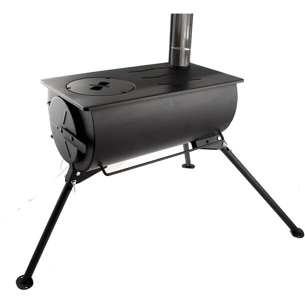 Black metal wood stove with legs on a white background