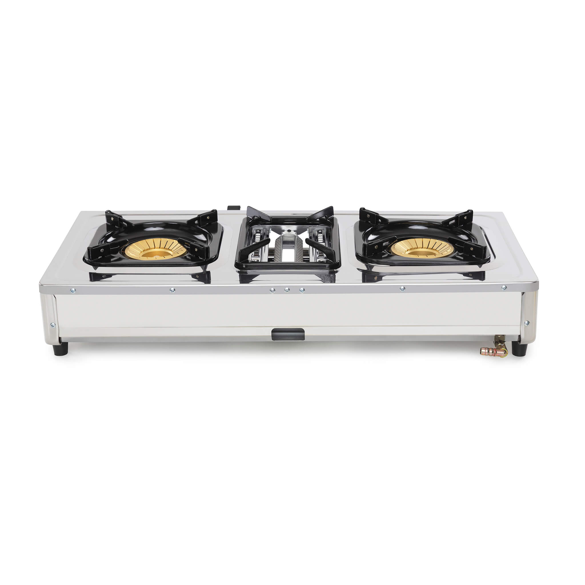 Three-burner gas stove on a white background back view